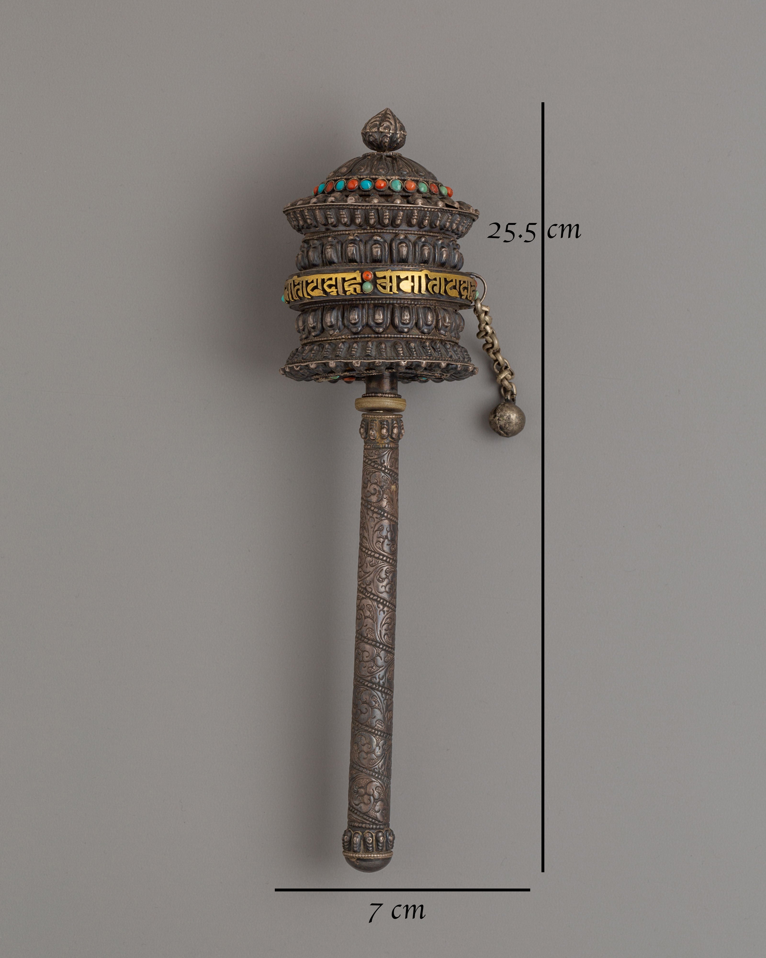 Handcrafted Traditional Prayer Wheel | Copper with Silver, Turquoise & Coral