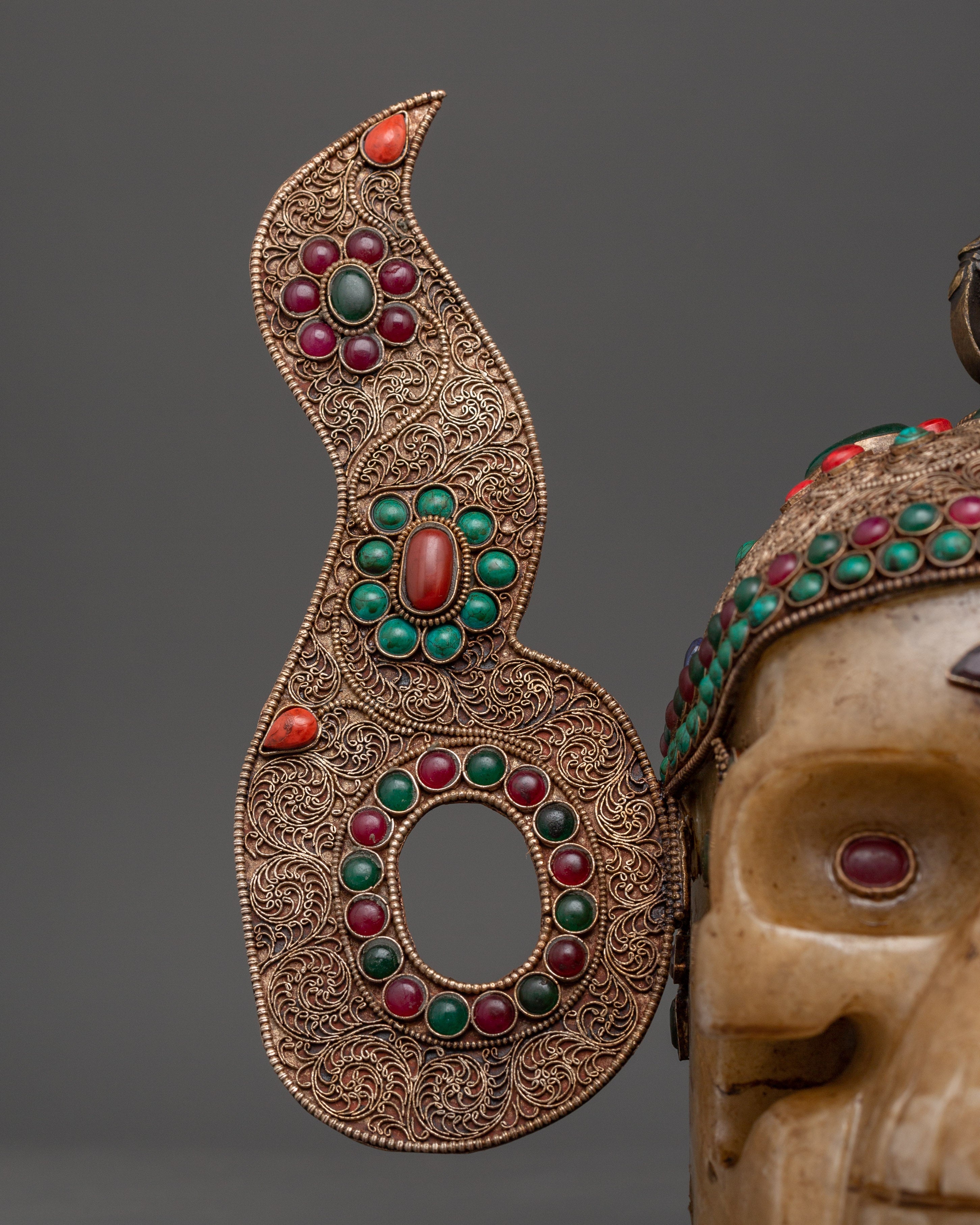 Mystic Skull Decor Copper Body with Silver Plating | Inlaid Coral, Turquoise & Crystal