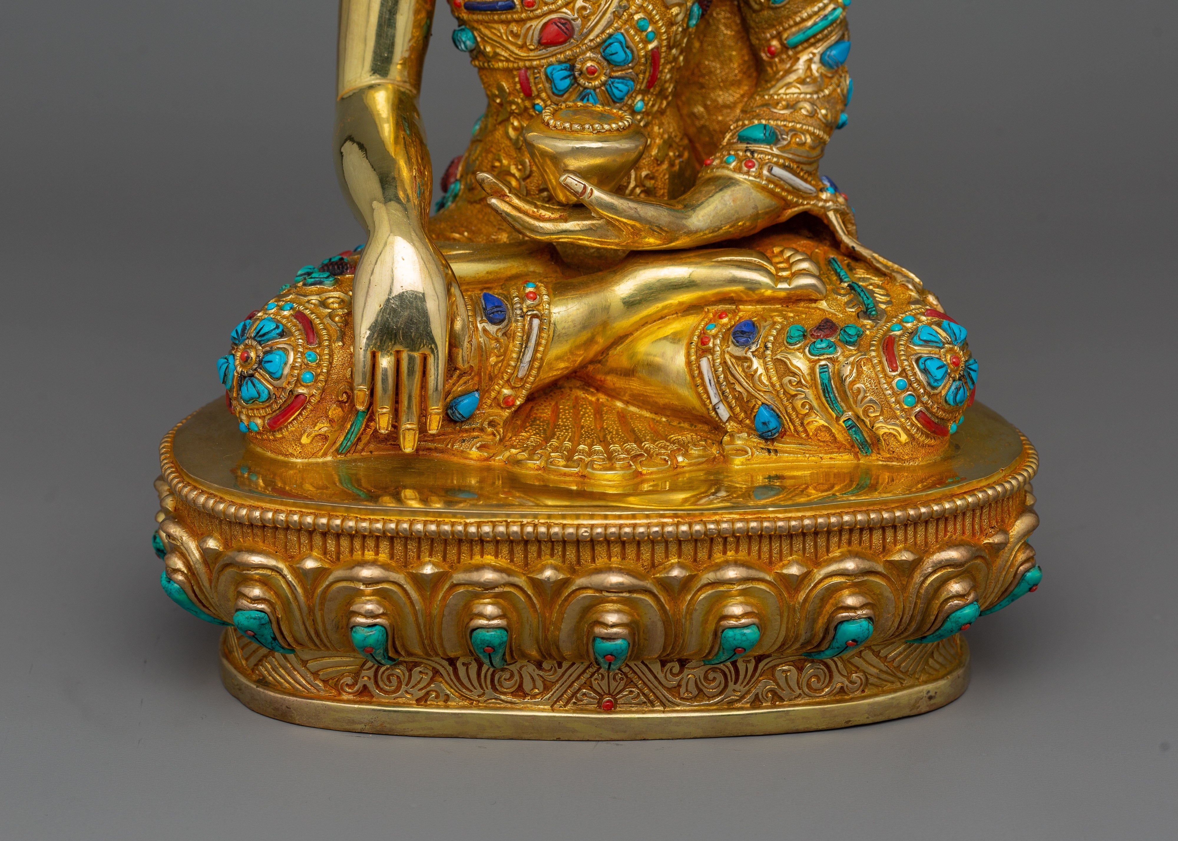Shakyamuni Buddha adorned with Gemstone Statue | 24k Gold Gilded Sculpture