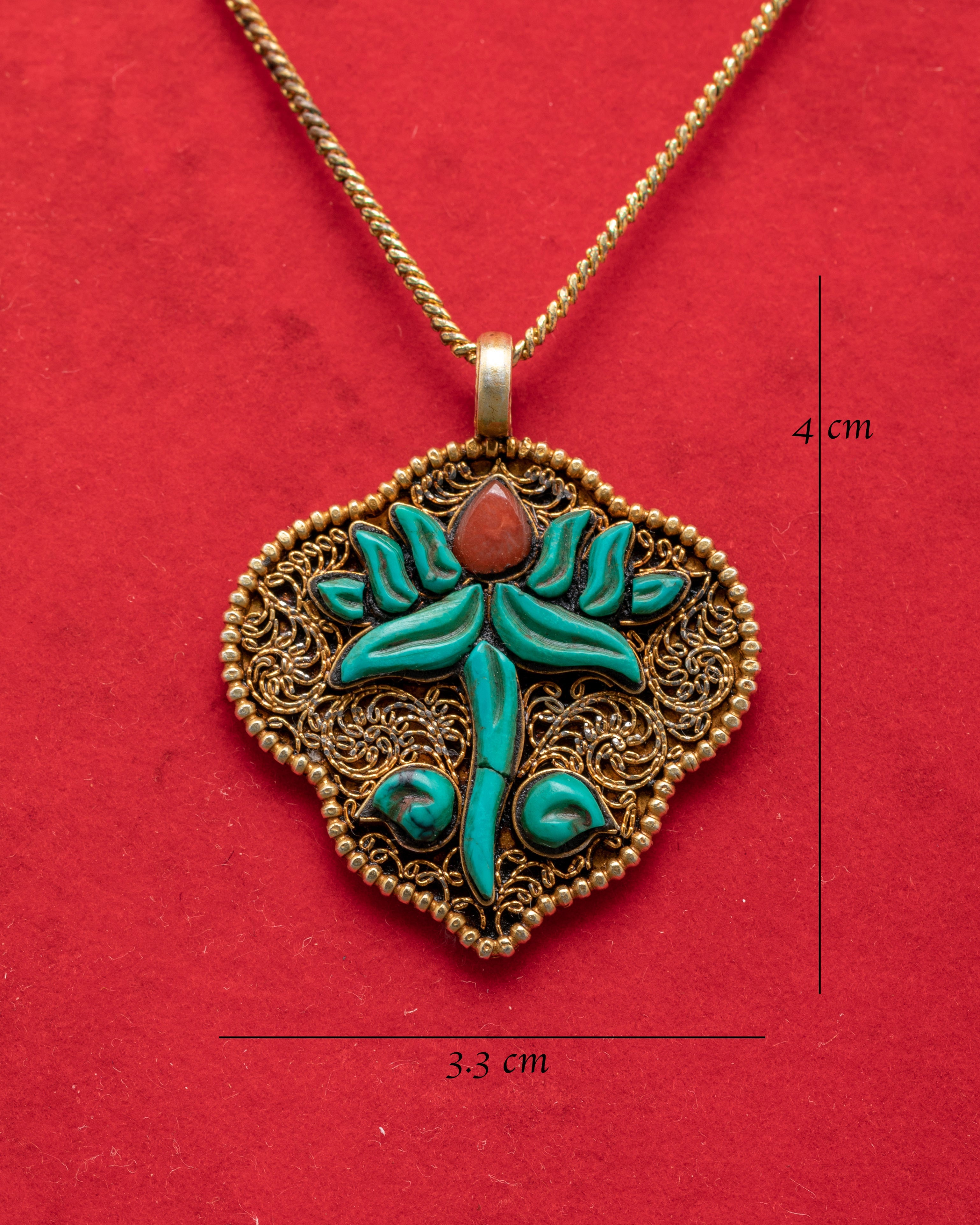 Handmade Gold Plated Turquoise Floral Pendant | Silver & Coral Stone Jewelry