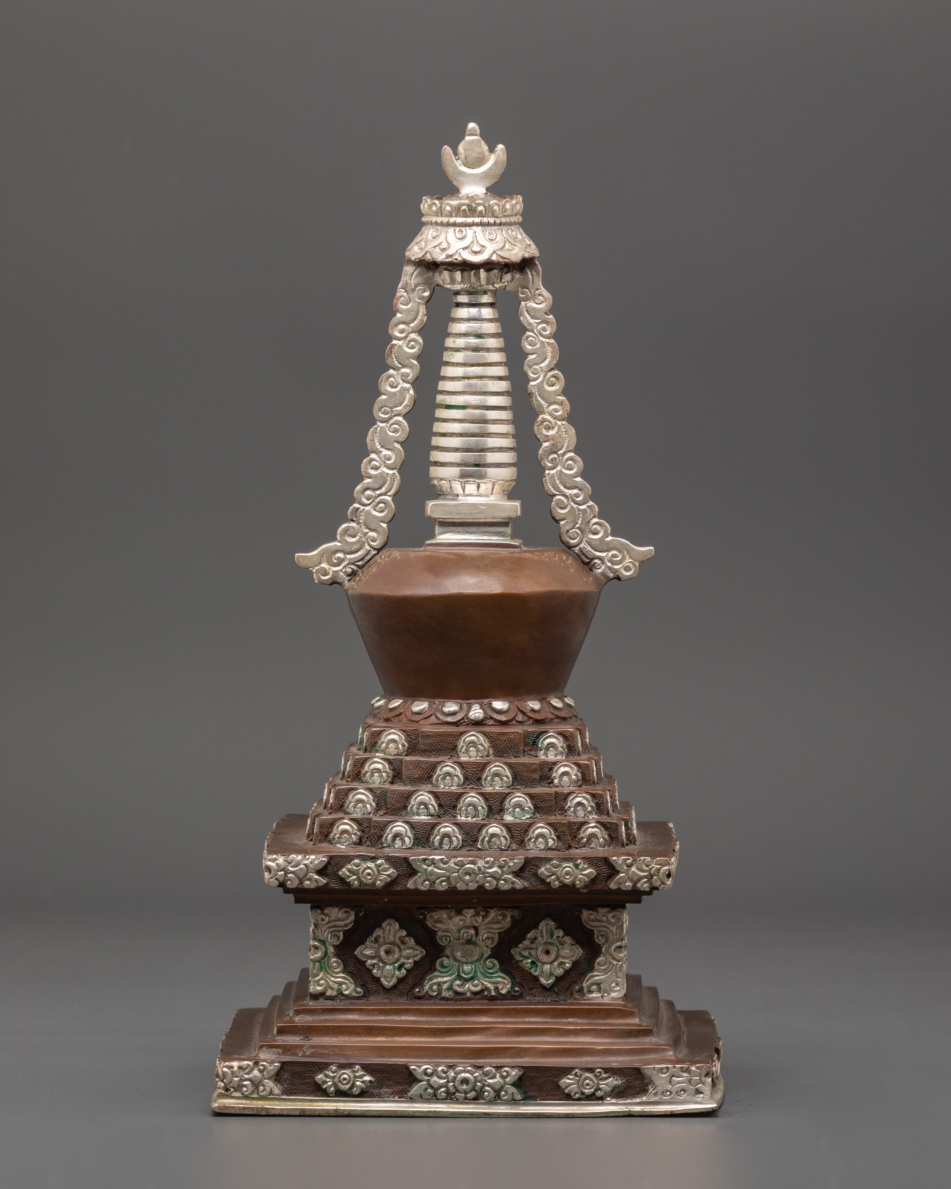 Handmade Silver Plated Buddhist Stupa | Spiritual Altar Decor