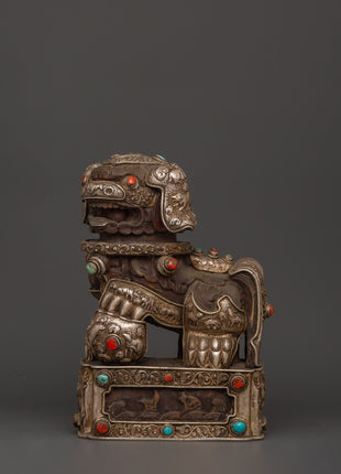 Tibetan Snow Lion Statue Set | Spiritual Decor with Antique Finish