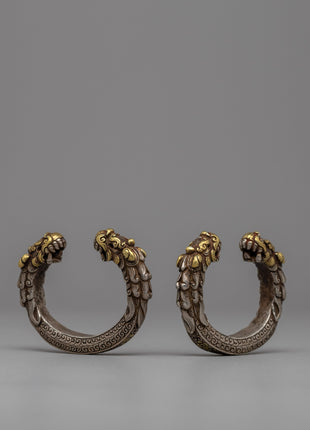 Exquisite Newari Dragon-Head Bracelet | Vintage Silver Bracelet with Gold Accents