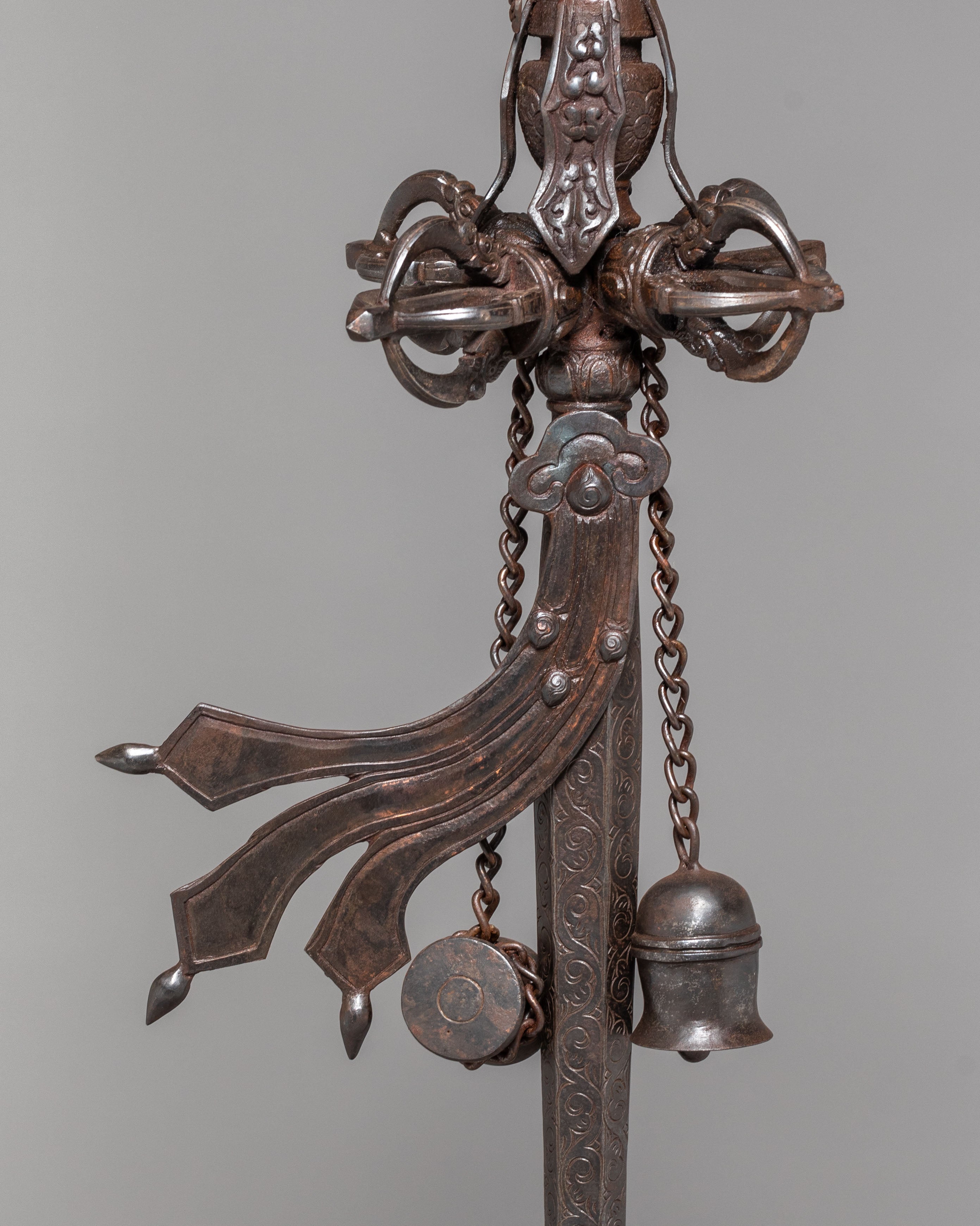 Sacred Ritual Item Khatan | Tibetan Oxidized Copper Ritual Staff