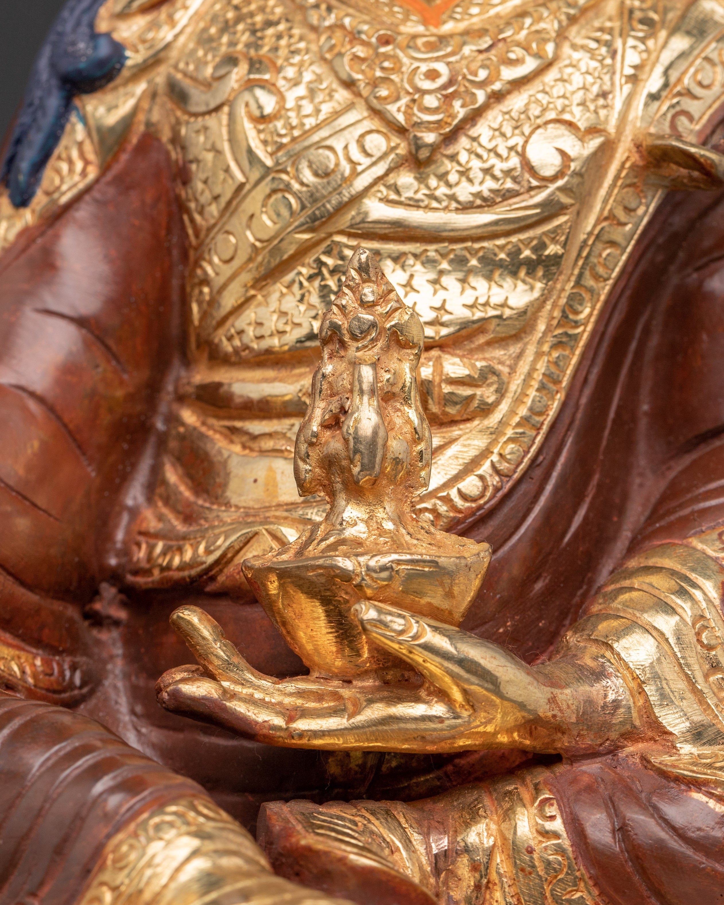 Handmade Tibetan Guru Rinpoche Statue | Copper Gold-Plated and Acrylic Sculpture