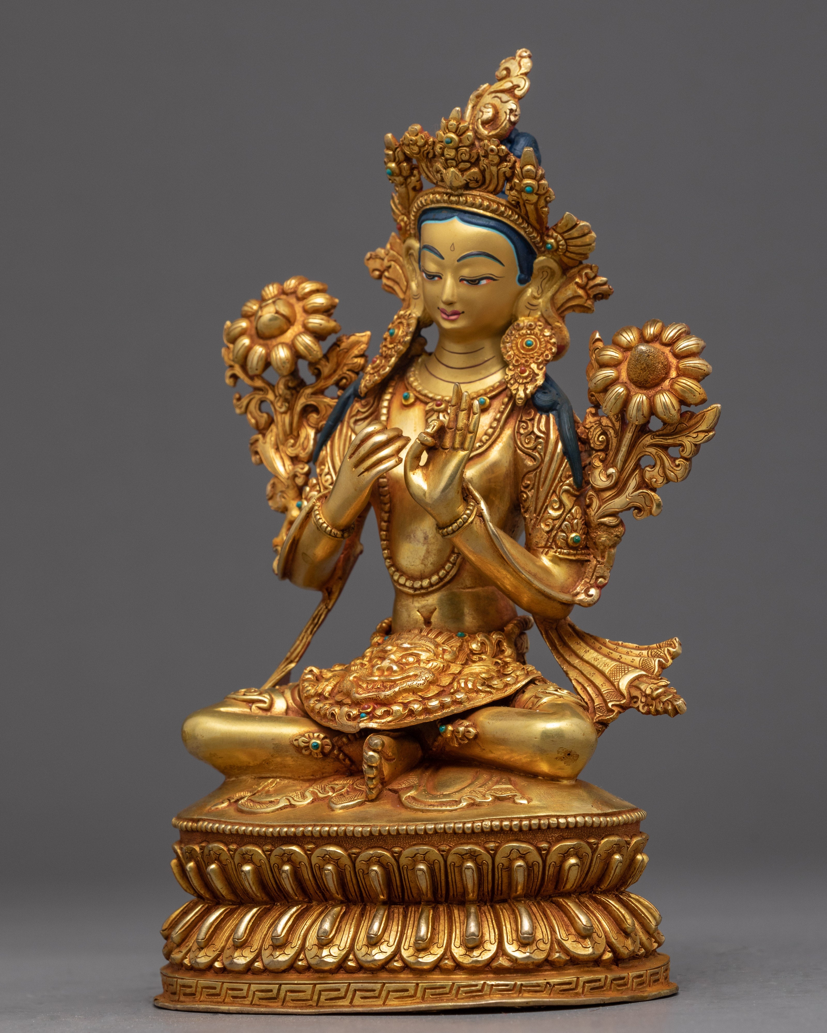 Green Tara Gold Sculpture | Tibetan Handmade Compassionate Deity of Buddhism