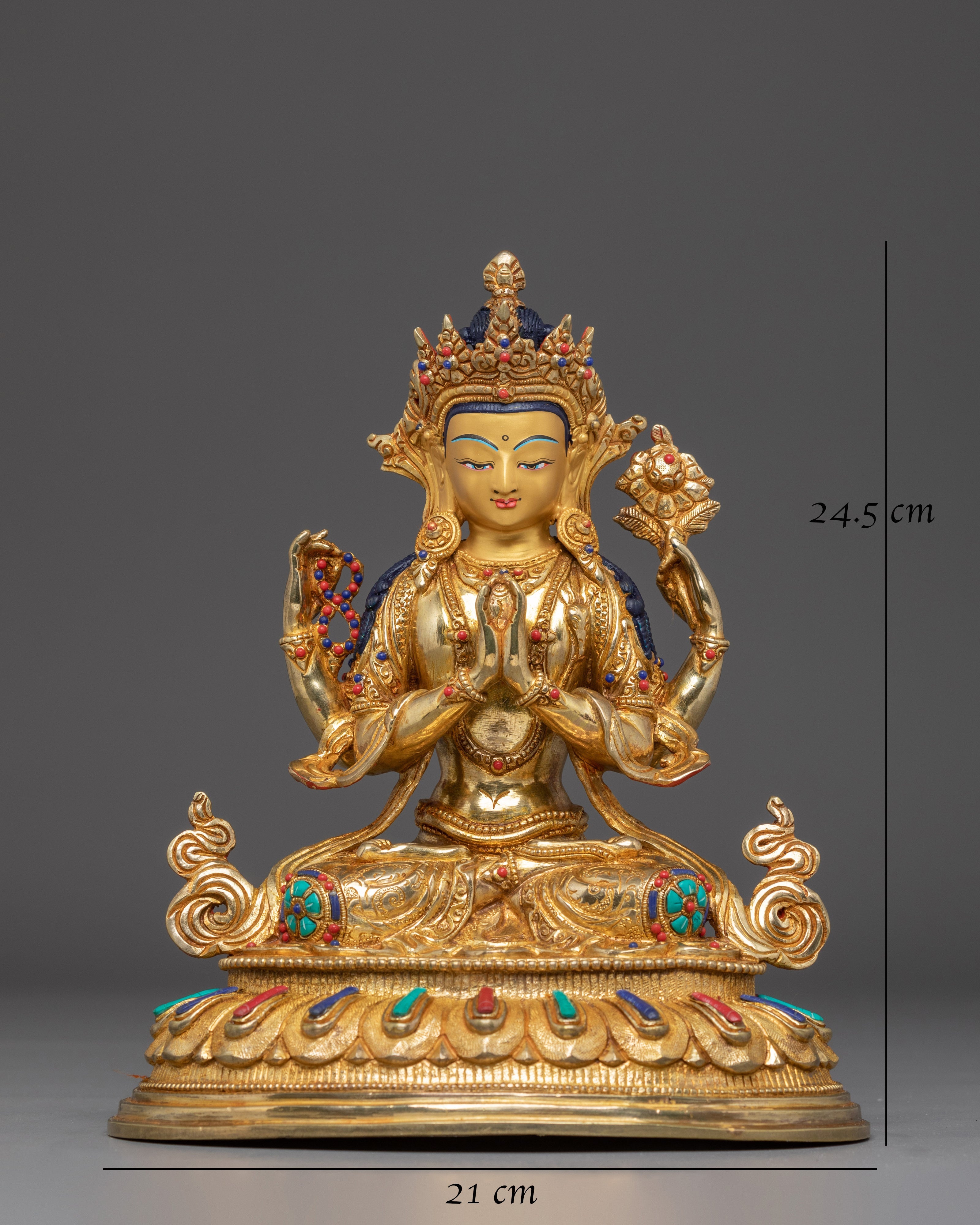 Gold Plated Buddhist Chenrezig Sculpture | Copper Sculpture with Coral & Turquoise
