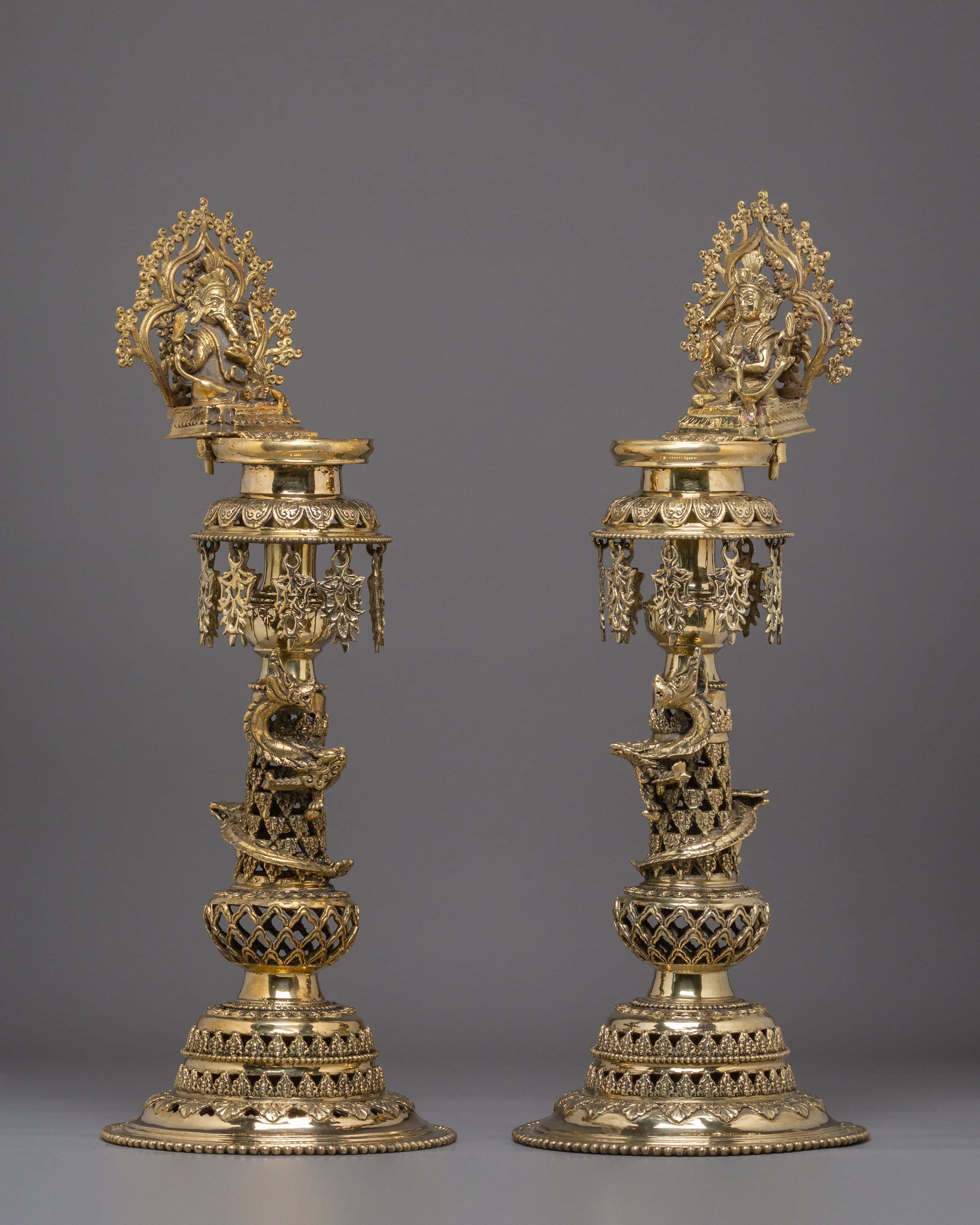 Handcrafted Panas of Ganesha and Kartikeya | Sacred Brass Oil Lamp Set