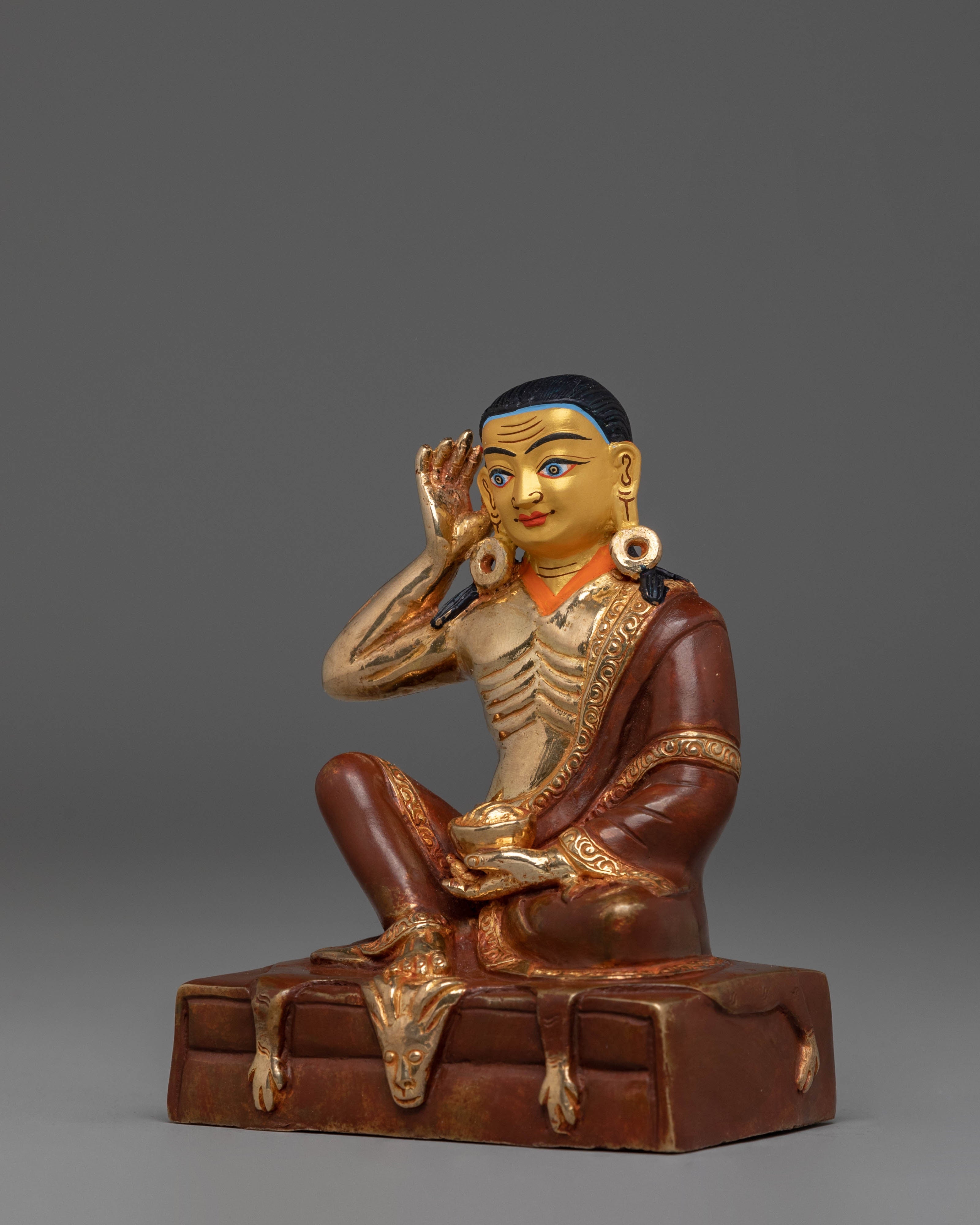 Handmade Golden Milarepa Statue | Hand-Carved Tibetan Yogi