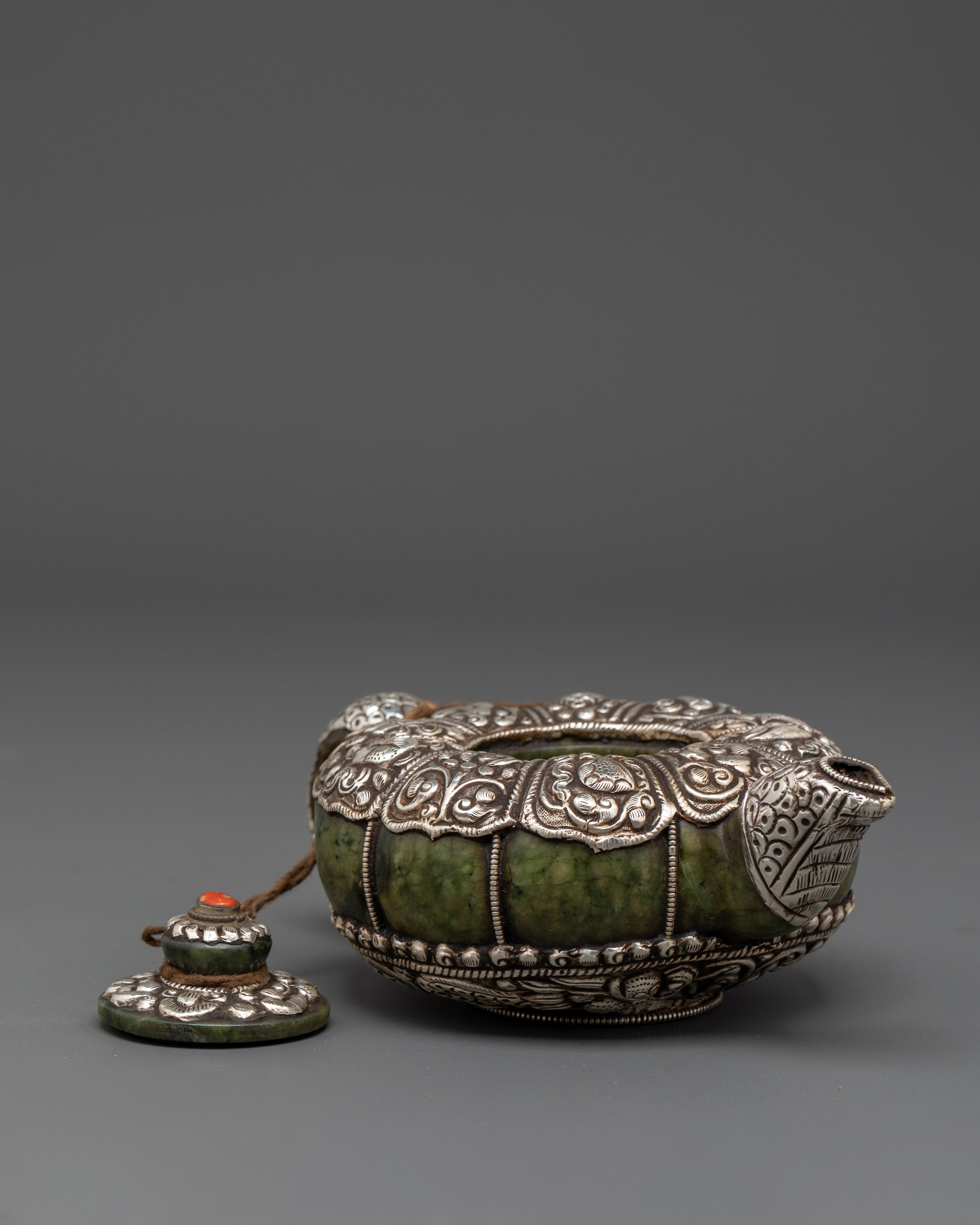 Handcrafted Tibetan Teapot & Offering Bowl Set | Green Jade & Silver Tea Set