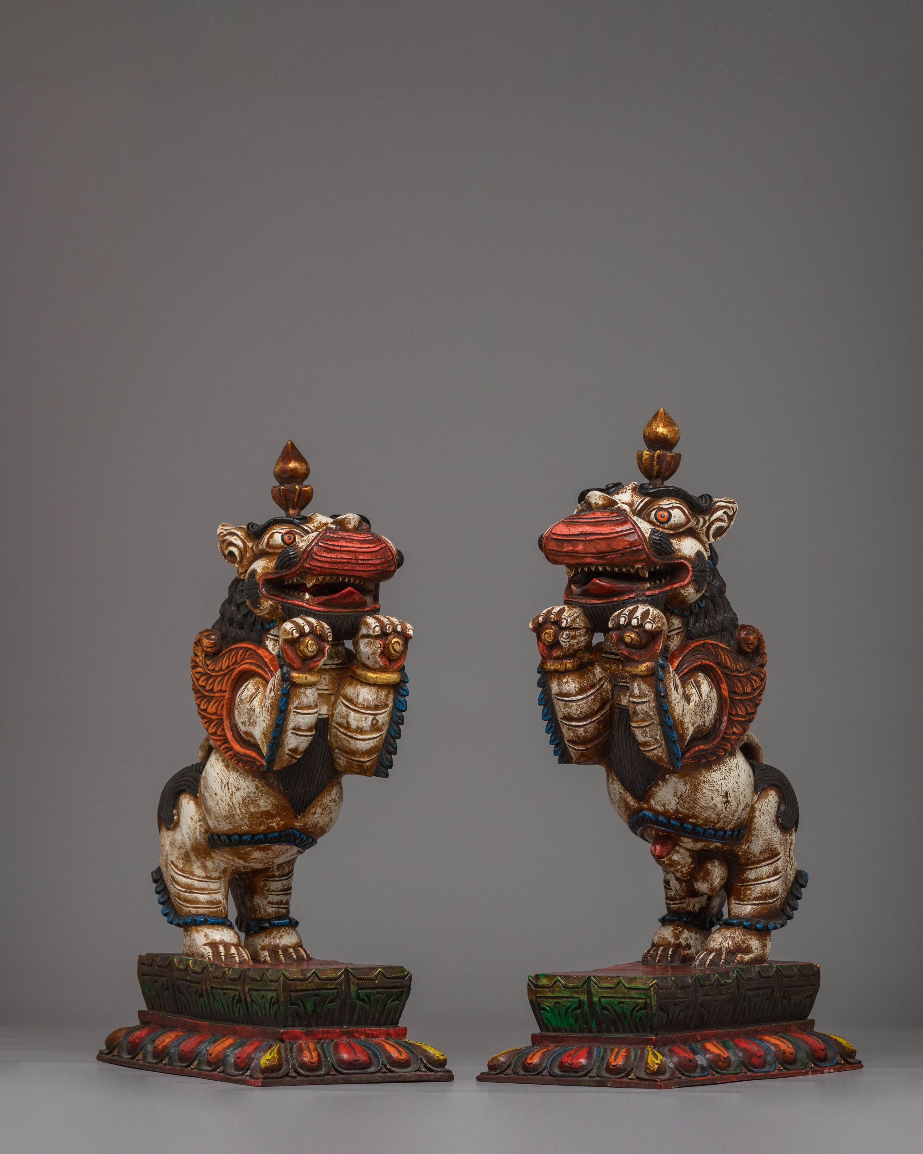 Handcrafted Sacred Guardian Lion Set | Wooden Lion Statue Set