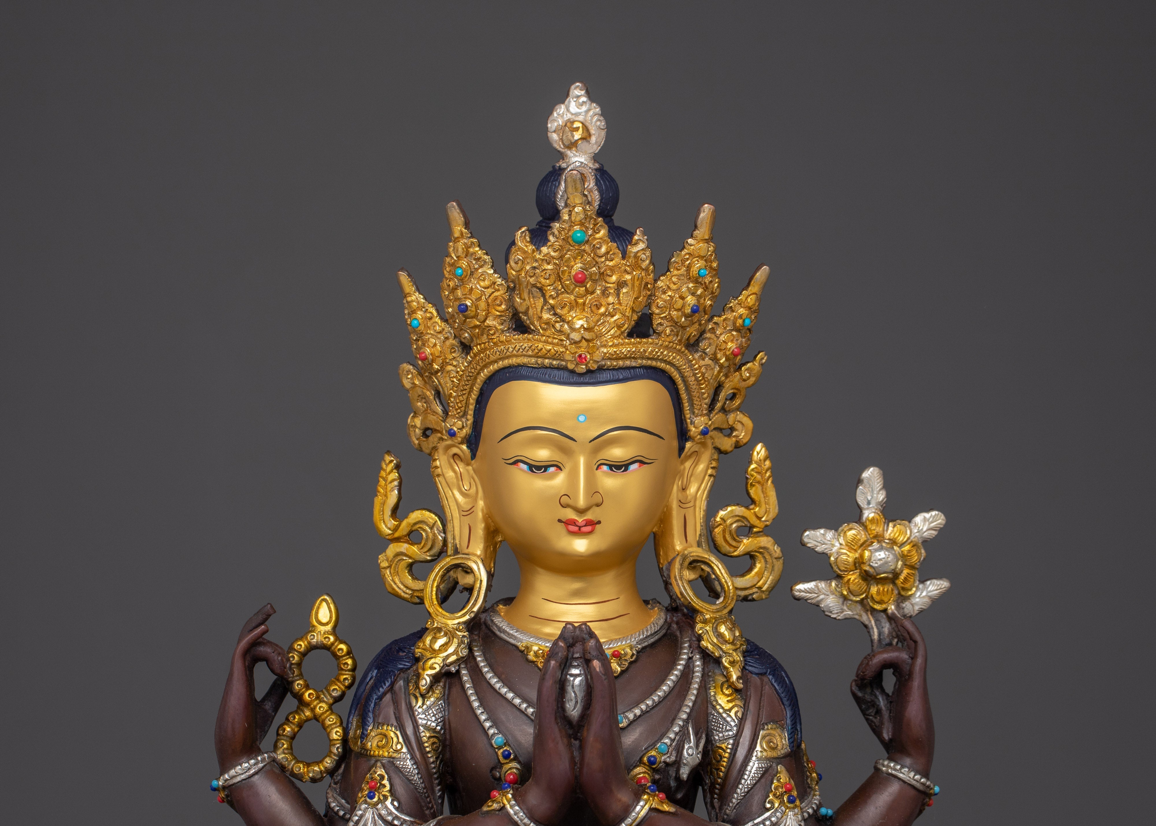 Handcrafted Four-Armed Chenrezig Statue | Oxidized Copper & Gold Plated Figurine