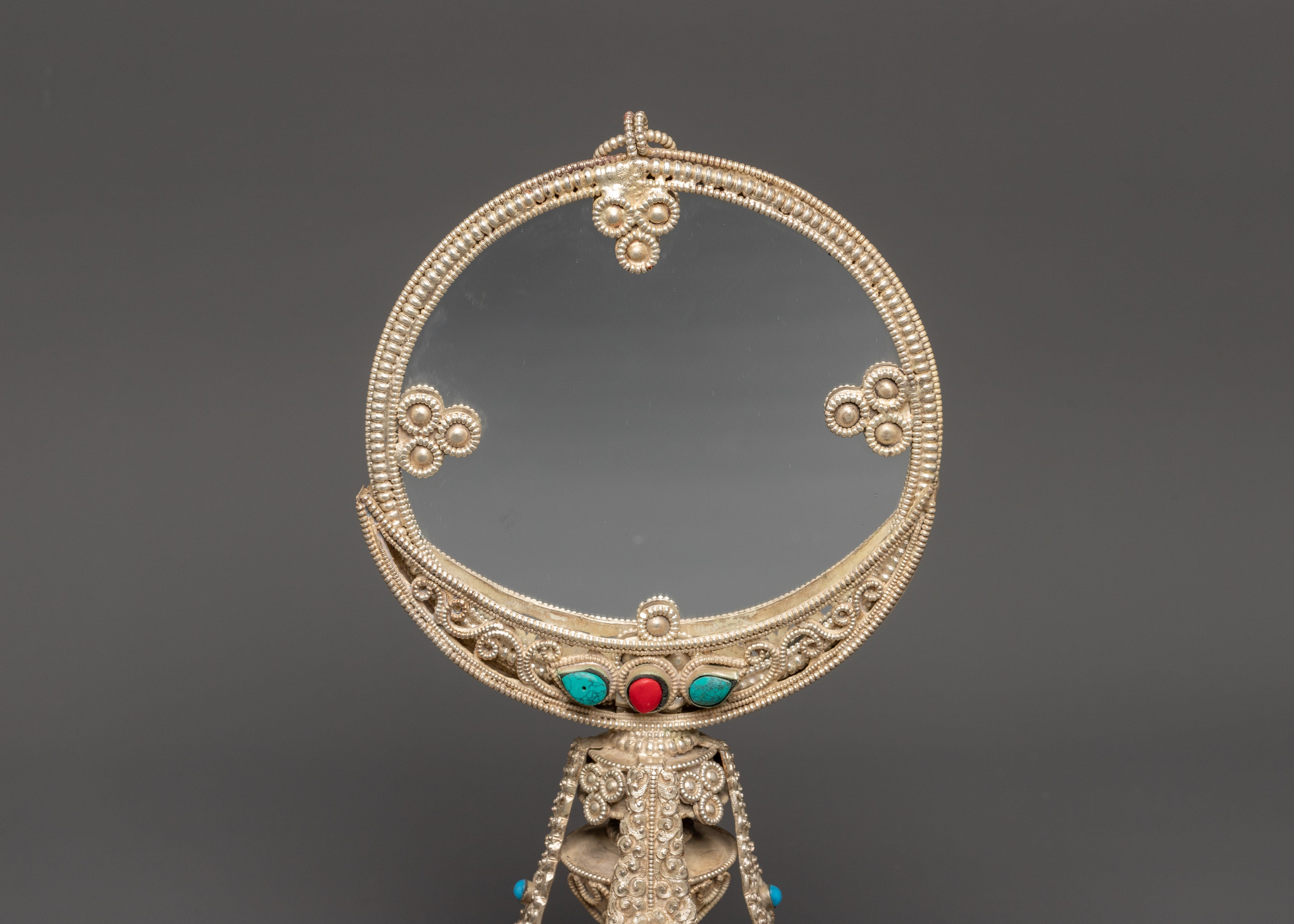 Tibetan Double-Sided Mirror |  White Metal Buddhist Altar Decor