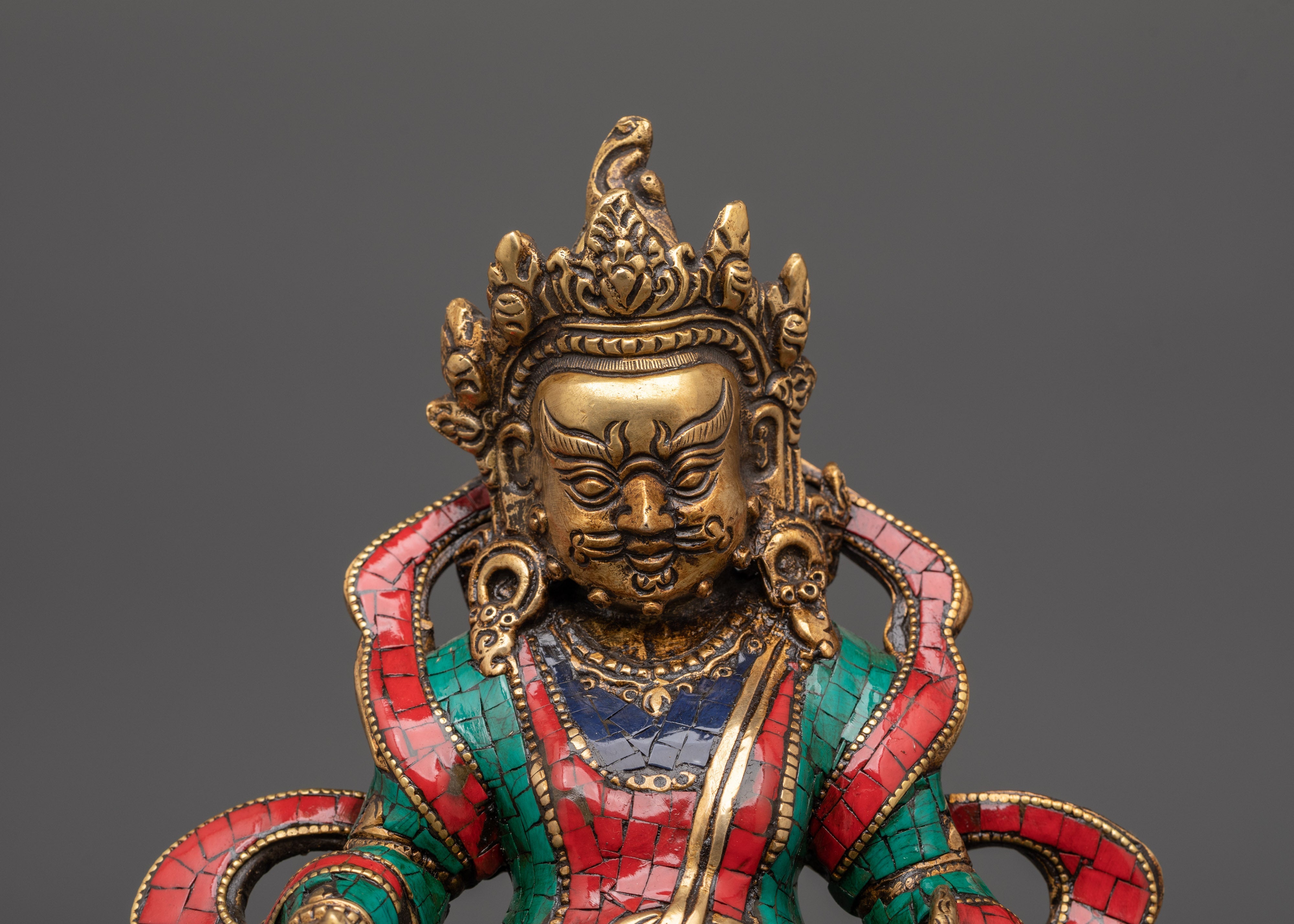 Brass Dzambhala Statue with Coral | Buddhist Altar Decor