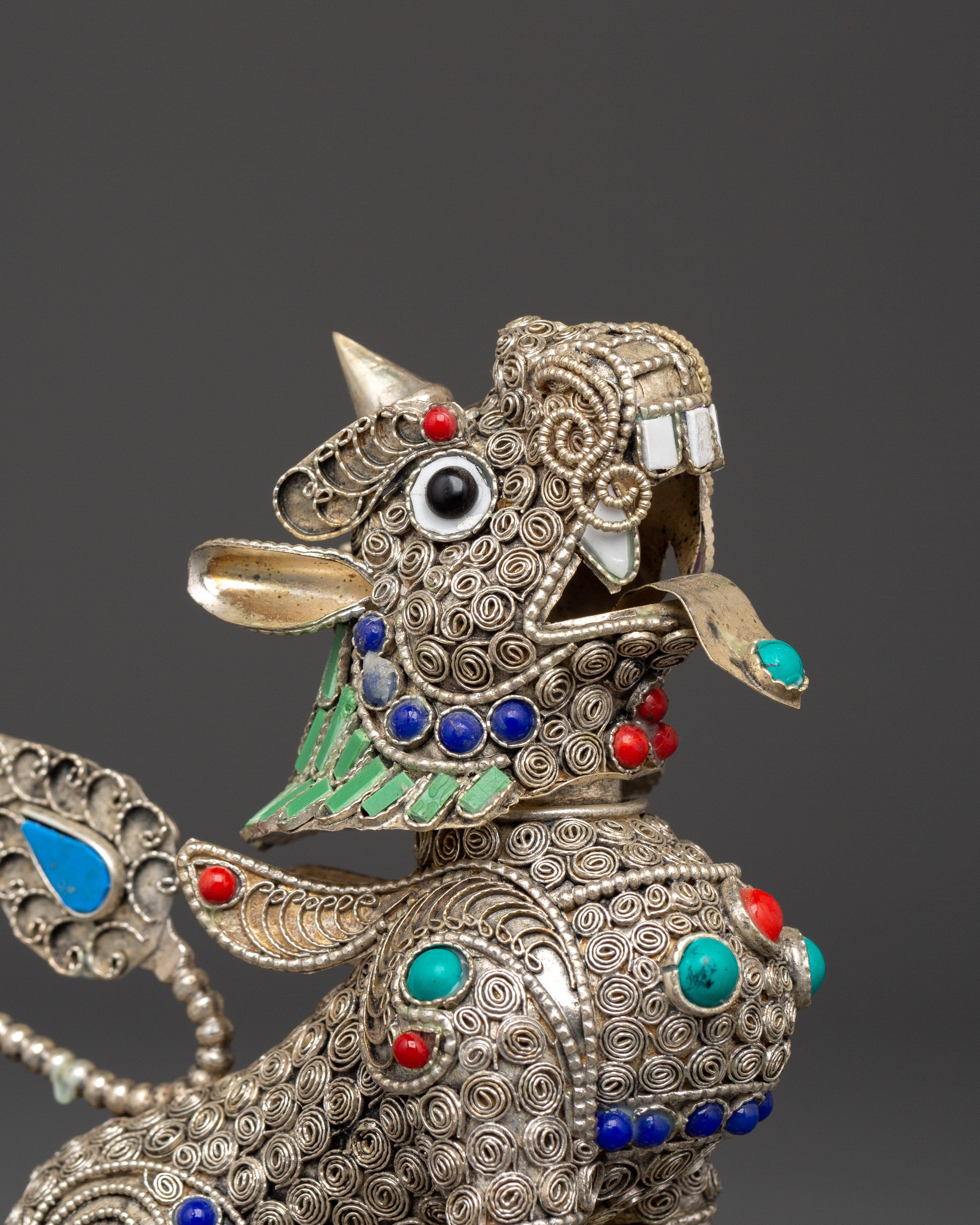 Tibetan Snow Lion Buddhist Protector Set | Silver-Plated White Metal Guardian Statues
