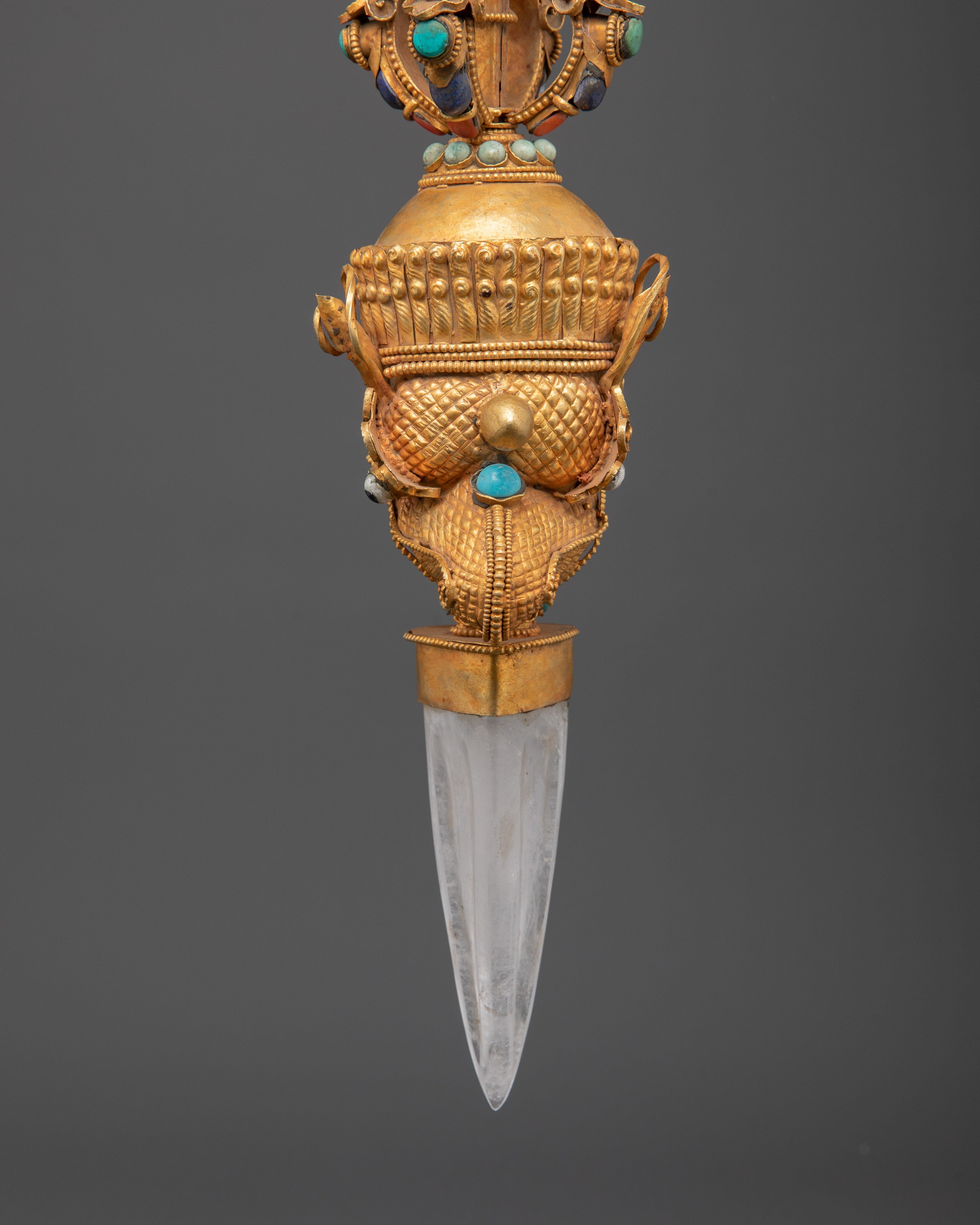 Buddhist Three Sided Phurba | Gold-Plated Ritual Dagger with Crystal and Turquoise