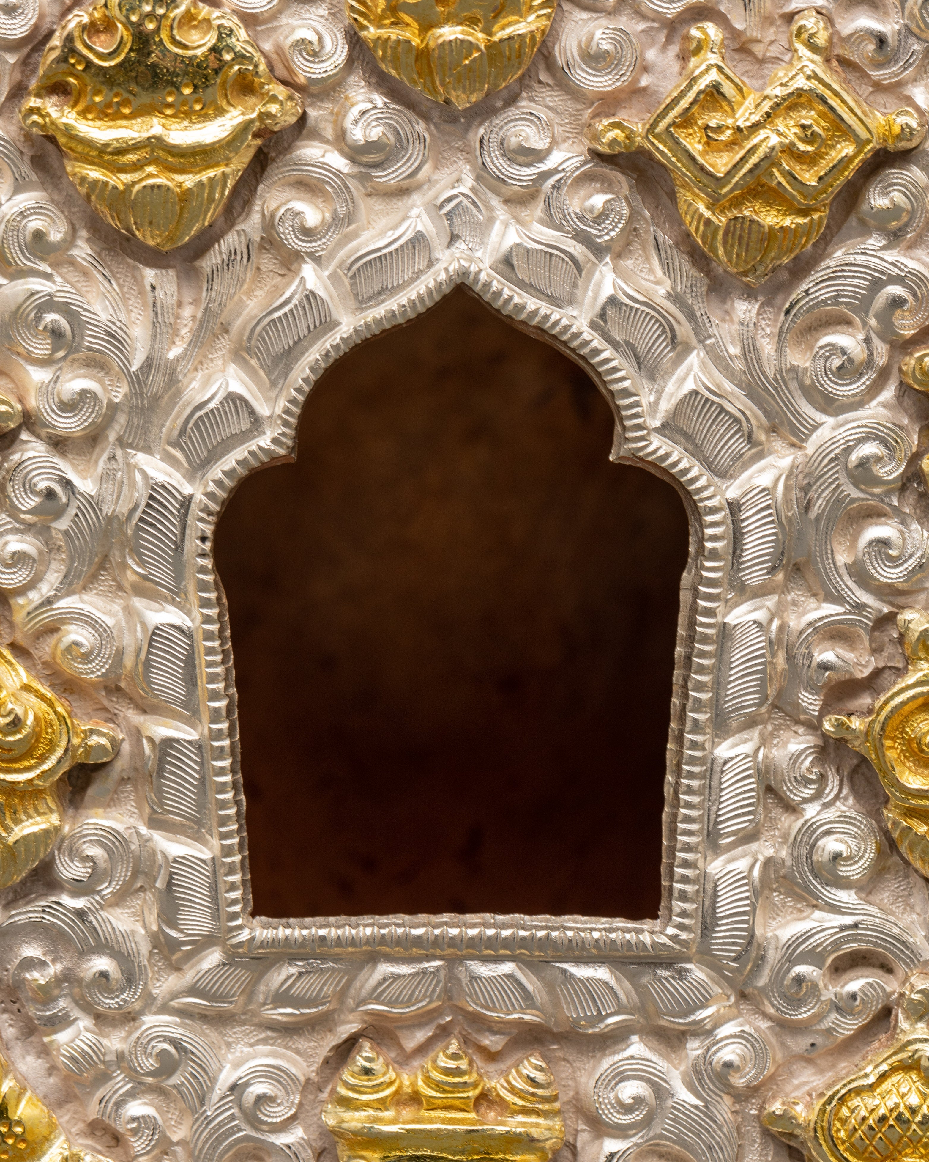 Sterling Silver Ghau Prayer Box with Gold Plating | Auspicious Symbols Carved