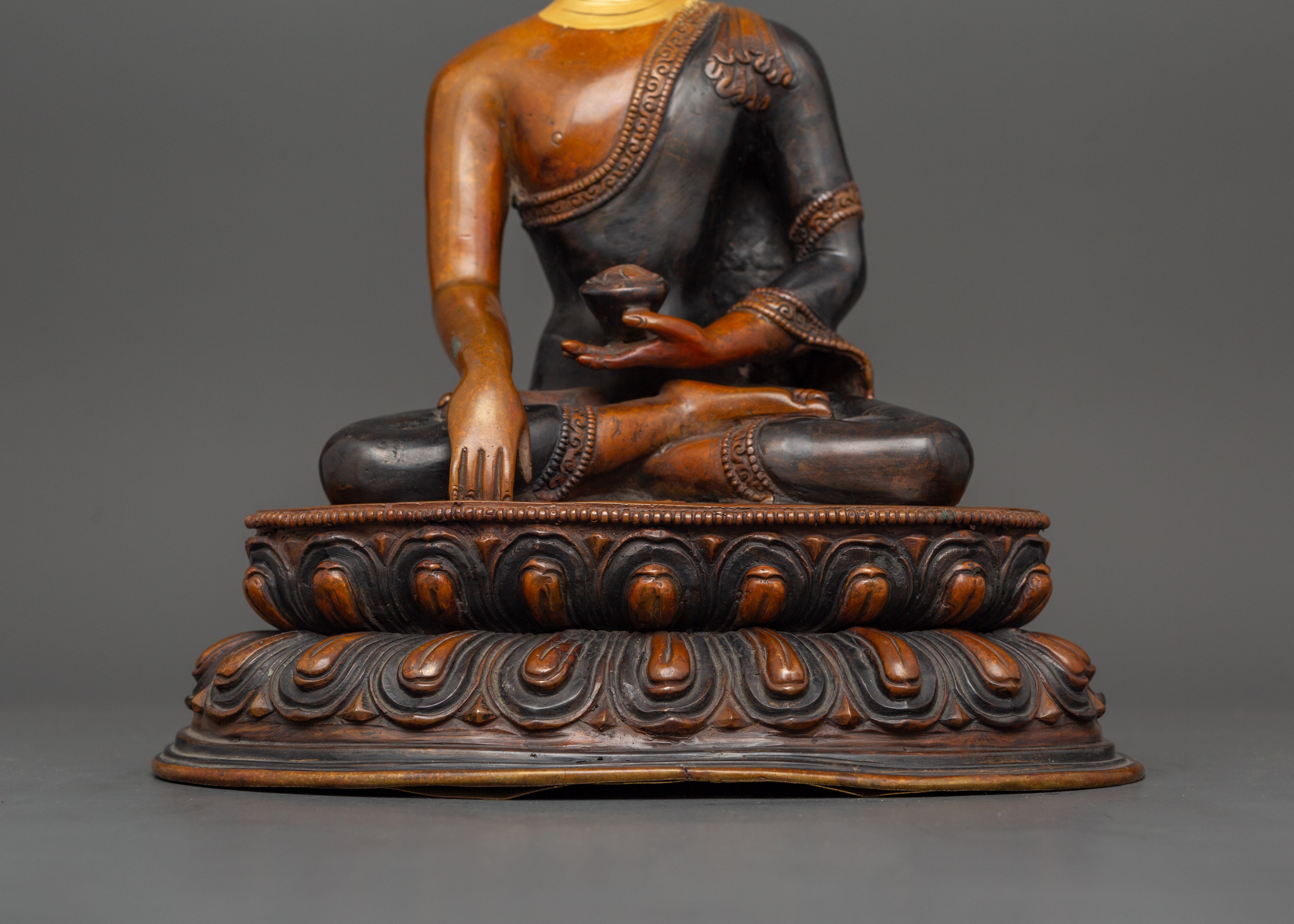 Shakyamuni Buddha Tibetan Altar Decor Statue | Oxidized Copper Body with Gold Plating