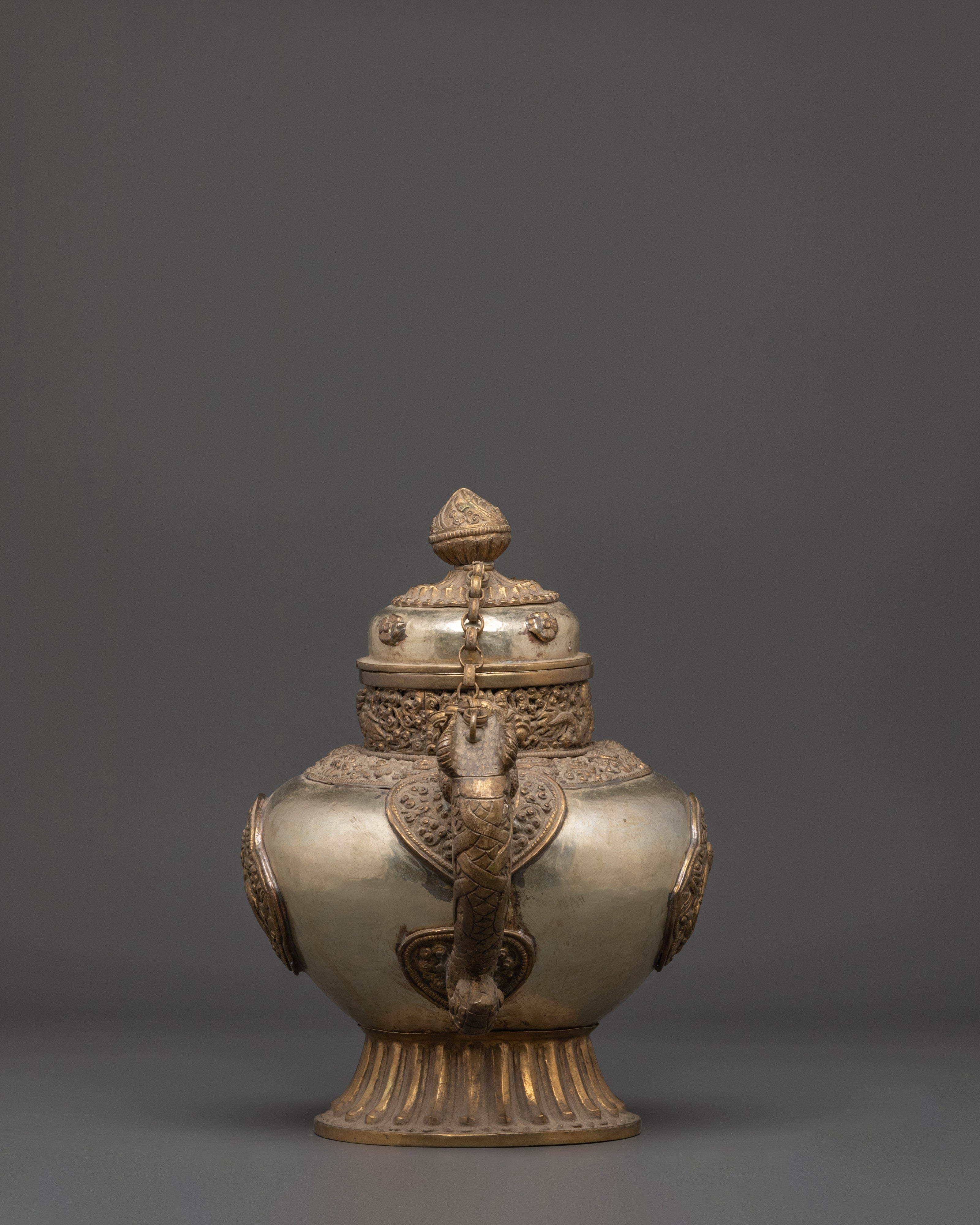 Handcrafted Buddhist Tea Pot | Traditional White Metal Pot with Dragon Handles