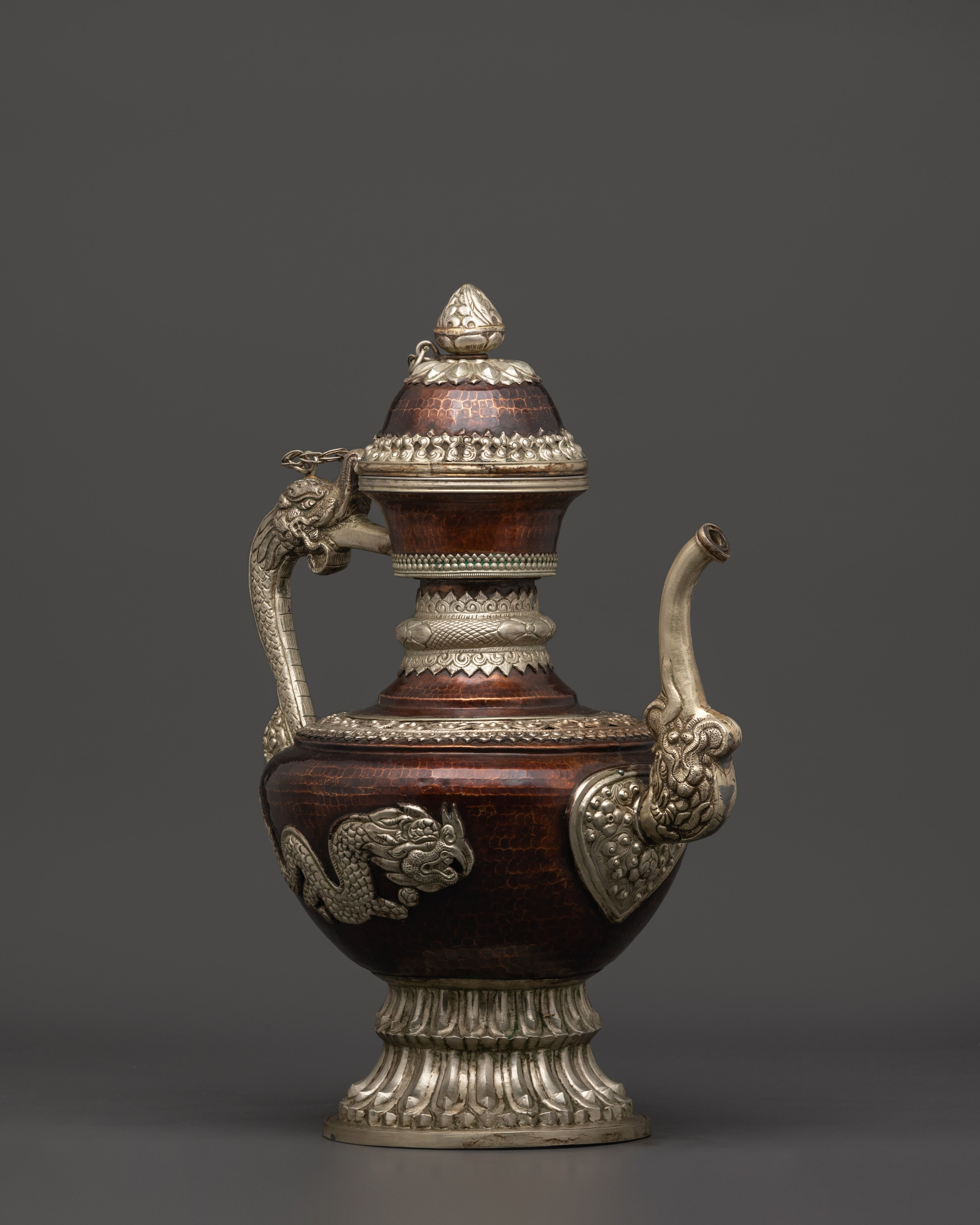 Handcrafted Copper Tea Pot Set | White Metal Himalayan Ritual Pair