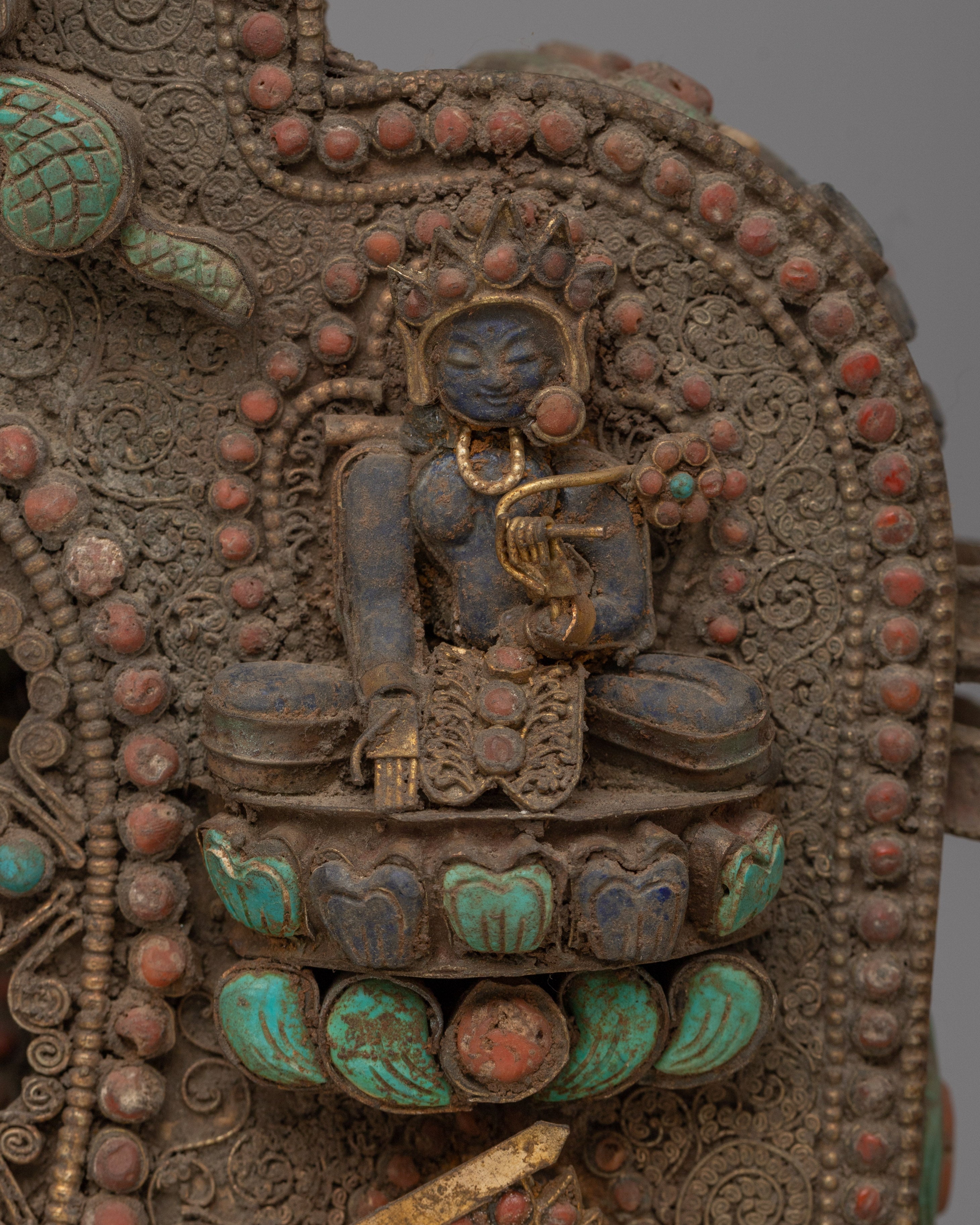 Chenrezig Ghau Box with Turquoise and Coral | Tibetan Amulet Box