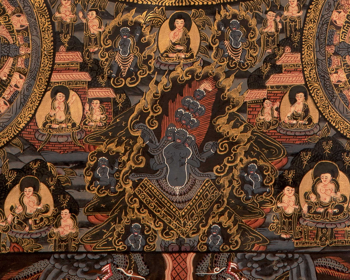 Dark Pancha Mandala With Brocade | Wall Decoration Painting
