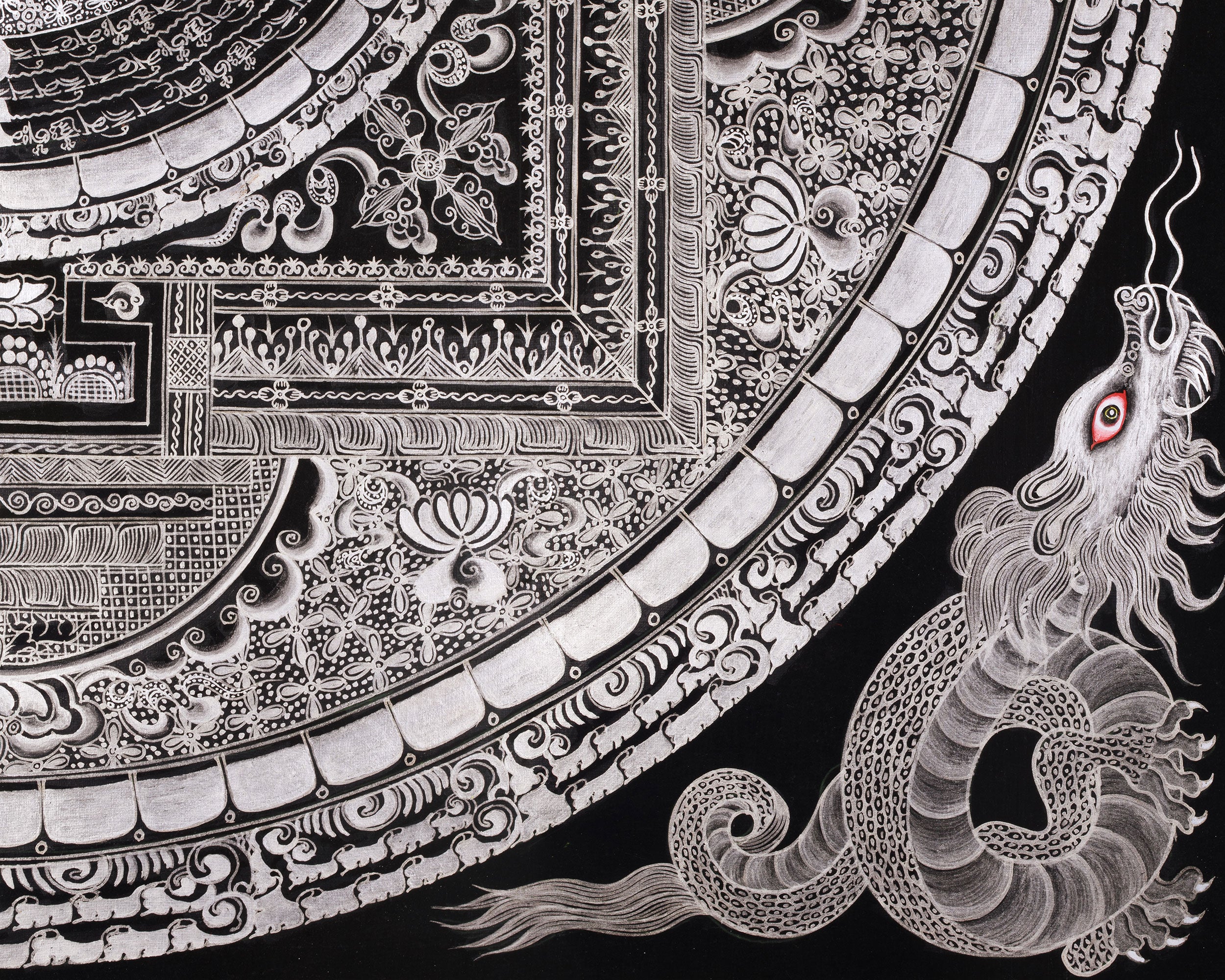 Giclée Mantra Mandala Print | Mythical Creatures, Concentric Circles, and Protective Mantras