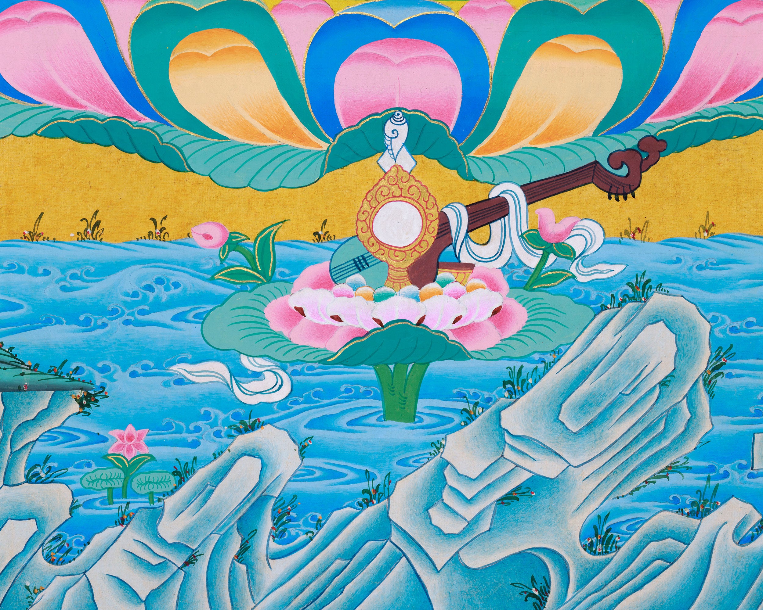 White Tara with Amitayus Buddha Art | Sacred Tibetan Longevity Thangka