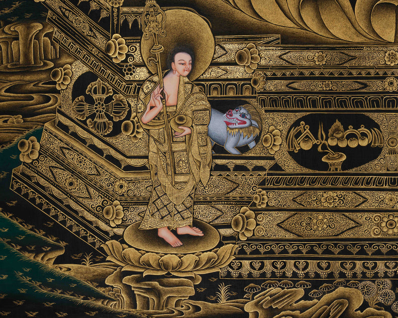 Enthroned Shakyamuni Buddha Gold Thangka | The Awakened One | The Supreme Teacher