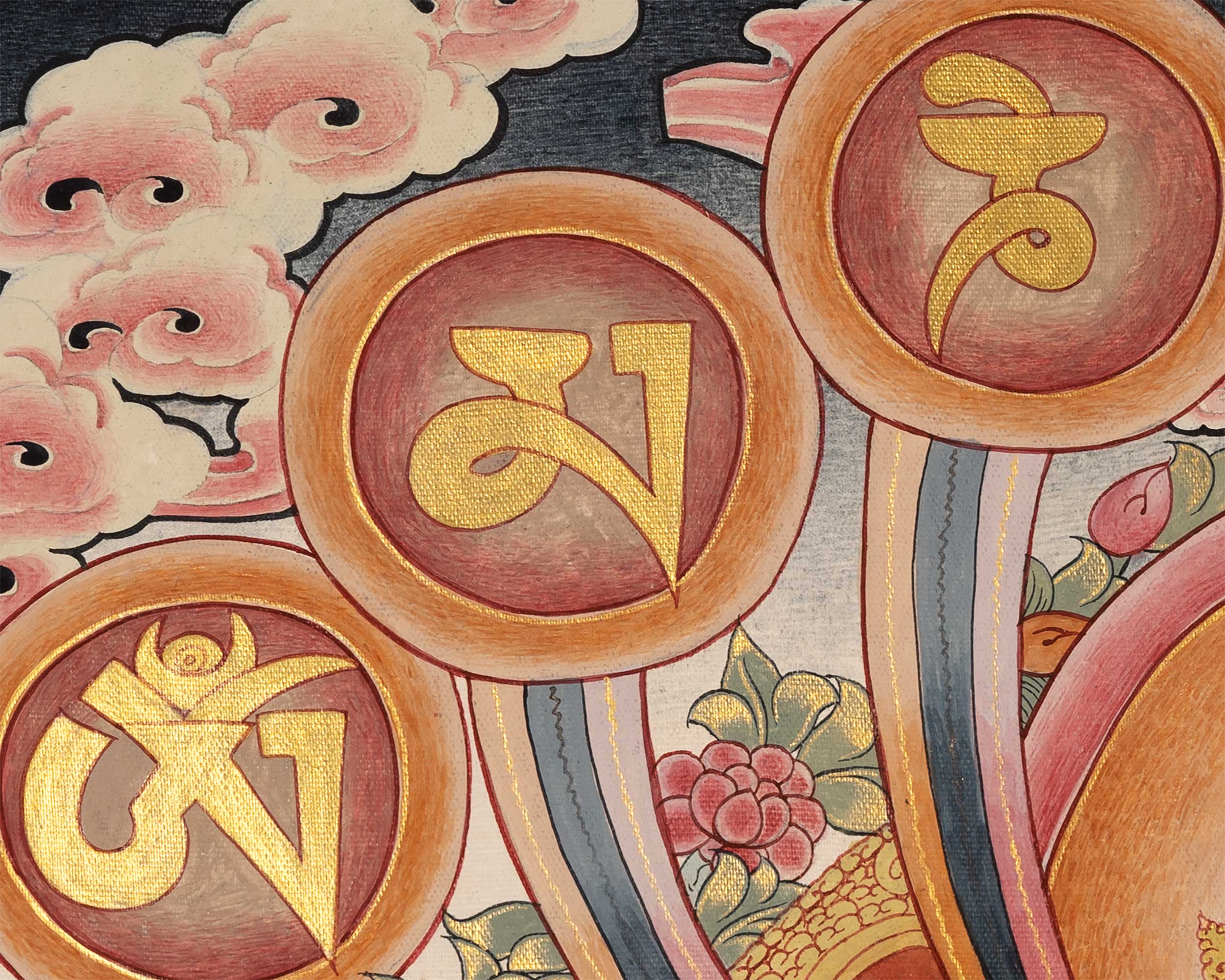 Thangka of Avalokiteshvara with Mantra | Featuring Manjushri and Vajrapani