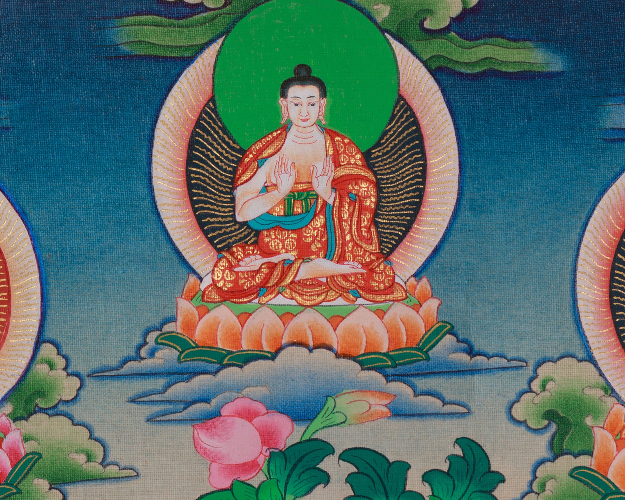 Spiritual Teacher Guru Padmasambhava | With His Two Principal Consort and Five Dhyani Buddhas