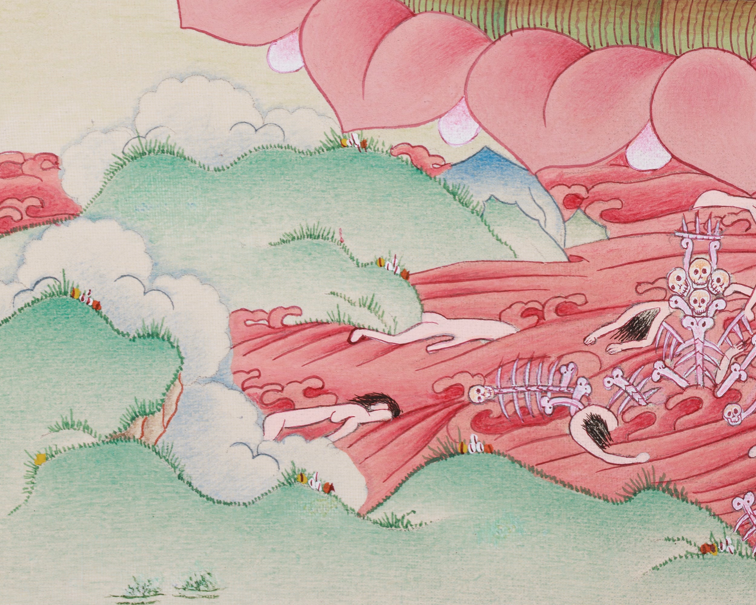 Original Chitipati Thangka | The Dancing Skeletons | Tibetan Buddhism