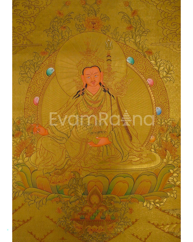 Guru Rinpoche In Full Gold Thangka Painting | Padmasambhava Thangka | Traditional Buddhist Handmade Thanka | Yoga Meditation Wall Hanging