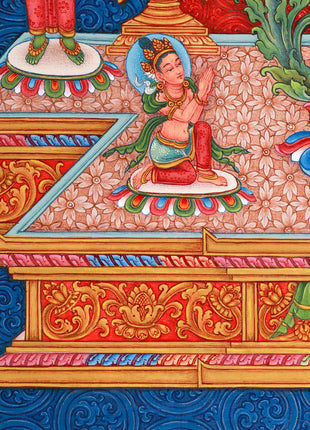 Standing Avalokiteshvara (Guanyin) Thangka Print | 5 Dhyani Buddhas |  High-Quality Giclee Print for Meditation | Paubha Painting