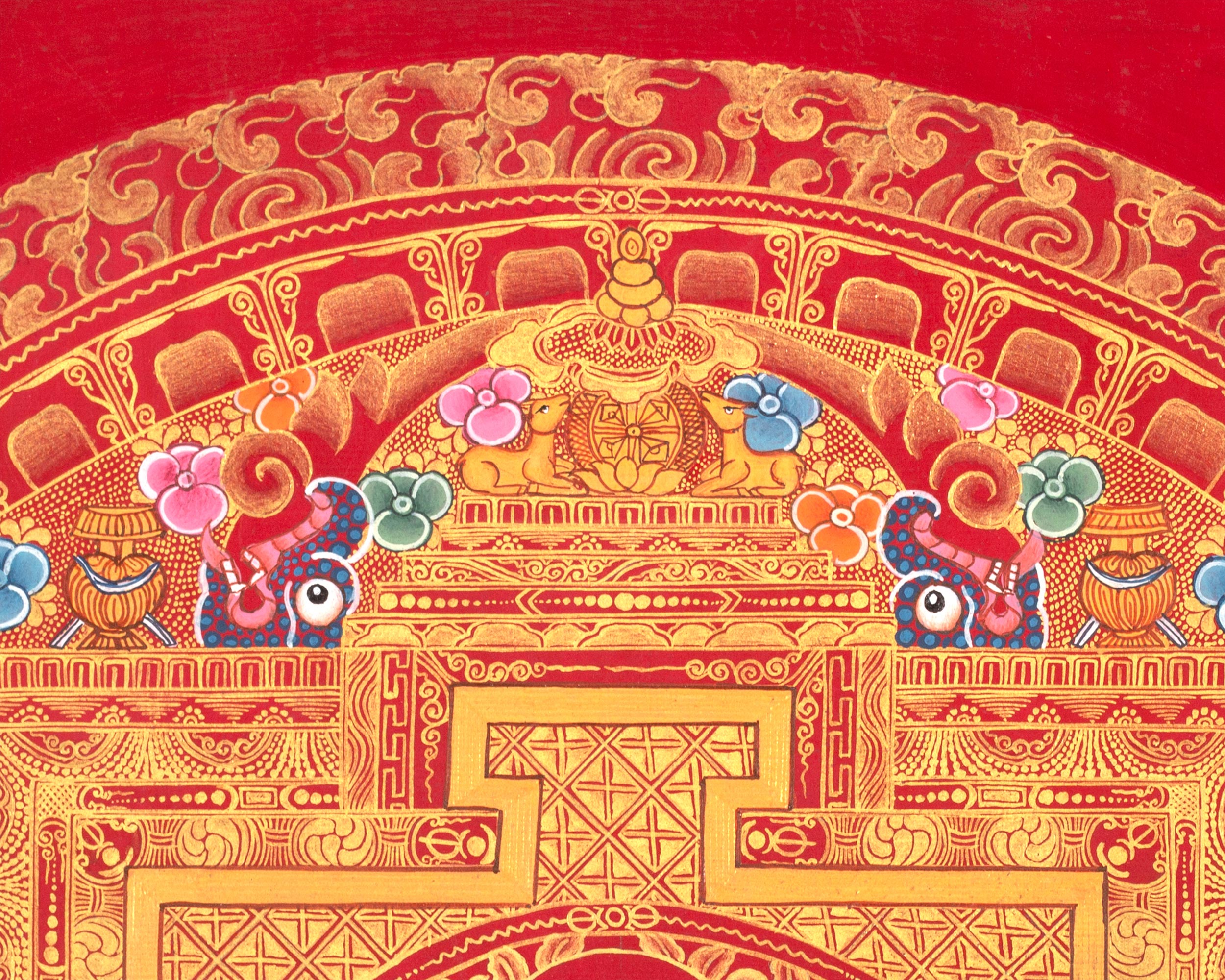 Chenresig Mandala | Buddha of Compassion | Red and Gold Thangka