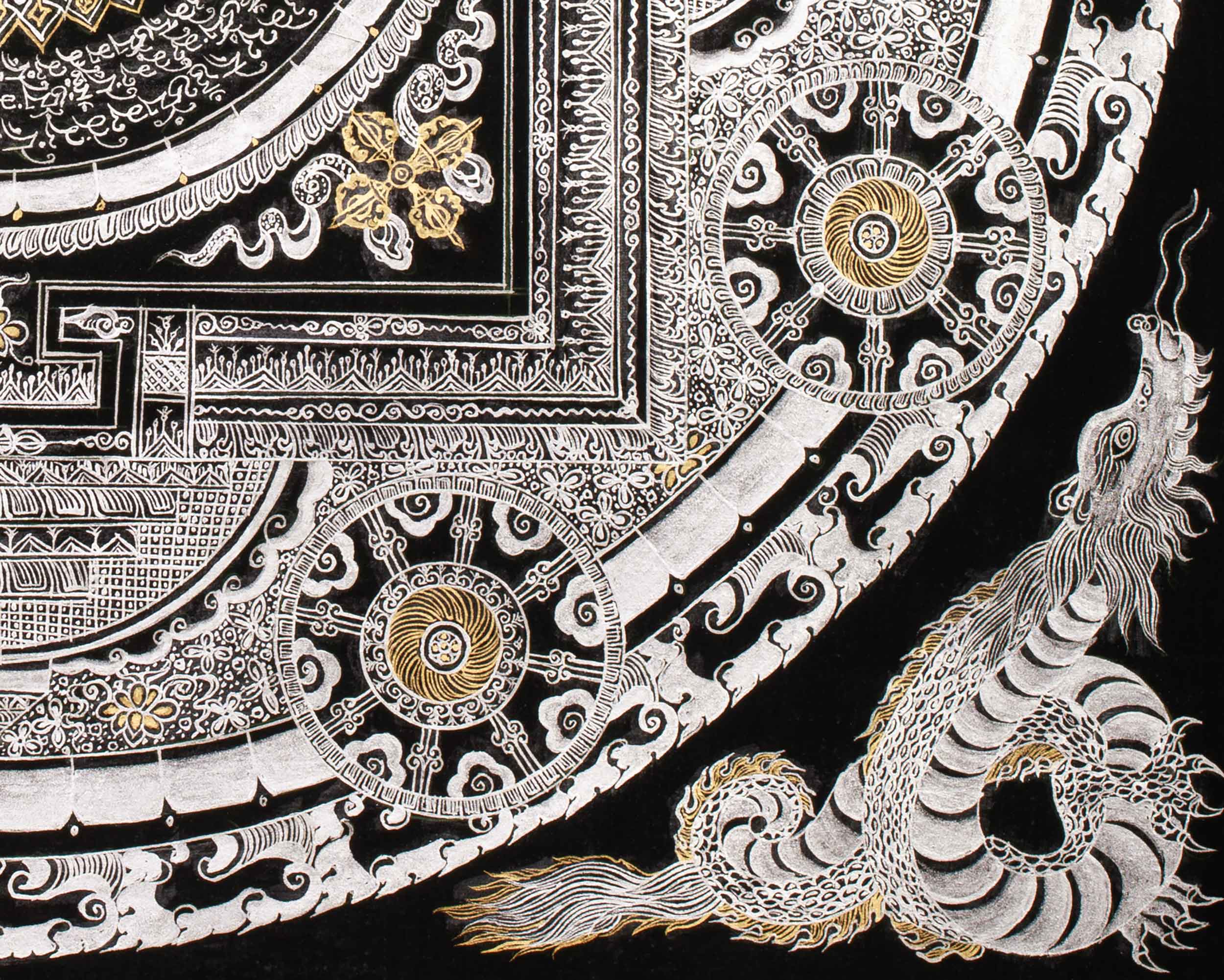 Silver with Gold Mantra Mandala | Four Mythical Creatures | Mandala Painting
