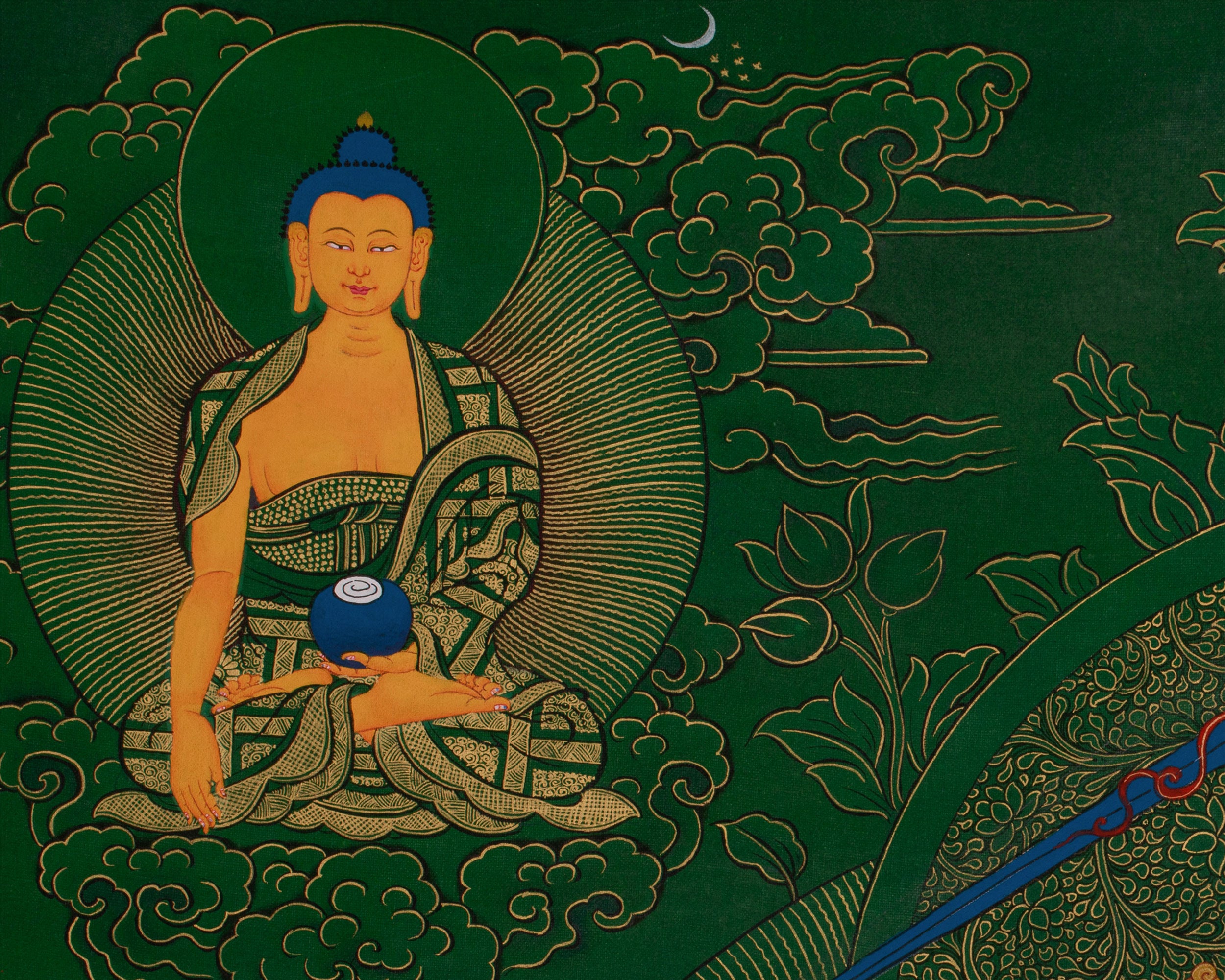 Tibetan Manjushri on Green Canvas | Wisdom Deity with Shakyamuni, Medicine Buddha, and Namtoshe