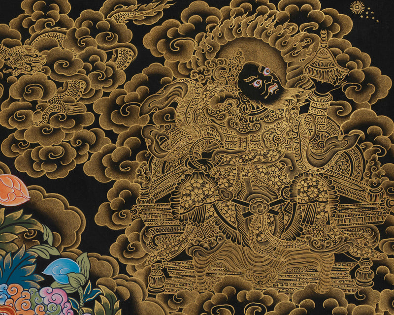 A Rare Collectable Artwork of Medicine Buddha | Four Heavenly Kings | 24K Gold Embellishments on Black Canvas