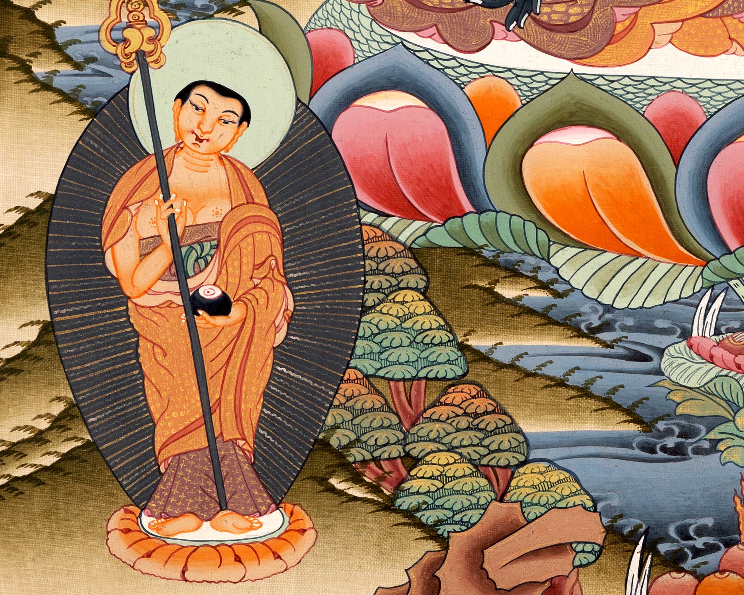 Medicine Buddha Originally Hand-Painted On Cotton Canvas | Shariputra and Maudalyana By His Side