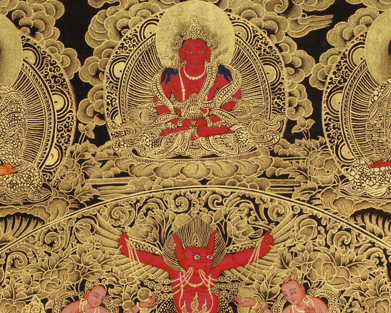 Opulent Gold Thangka of Historical Shakyamuni Buddha | The Awakened One in Elaborate Gold Throne