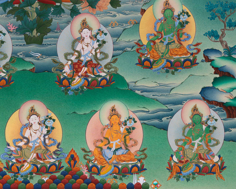 Exclusive Traditional 21 Tara Thangka | Goddesses of Compassion and Protection | Religious Artwork