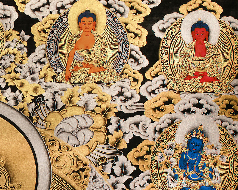 The Tranquil Presence of 4 arms Avalokiteshvara | Gold Embellished Thangka of Compassion