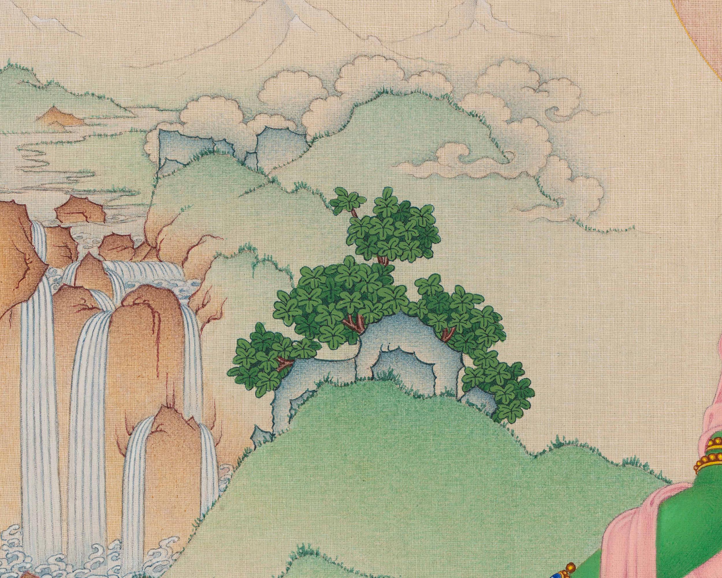 Mother Green Tara, A Thangka Painting in Natural Stone Colors