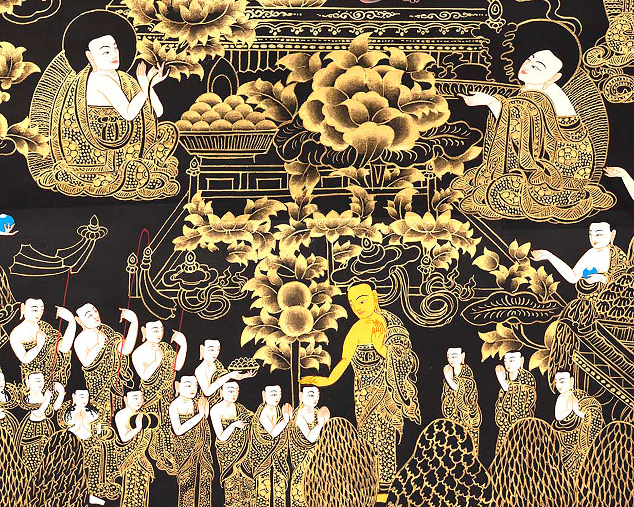 Black and Gold Amitabha Buddha Thangka | Sukhavati Thangka | Meditation Buddha