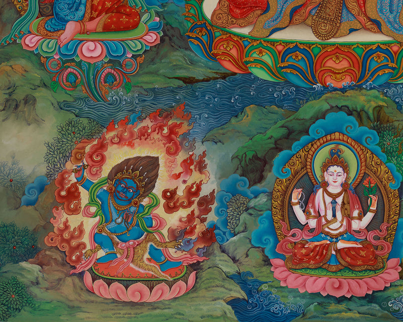 Exquisite Manjushri Painting | 5 Dhyani Buddhas and Bodhisattva | Tibetan Buddhist Wisdom Art