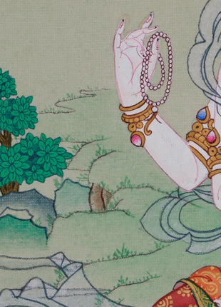 Hand-Painted Mini Chenrezig Thangka | Tibetan Buddha Art of Compassion and Protection