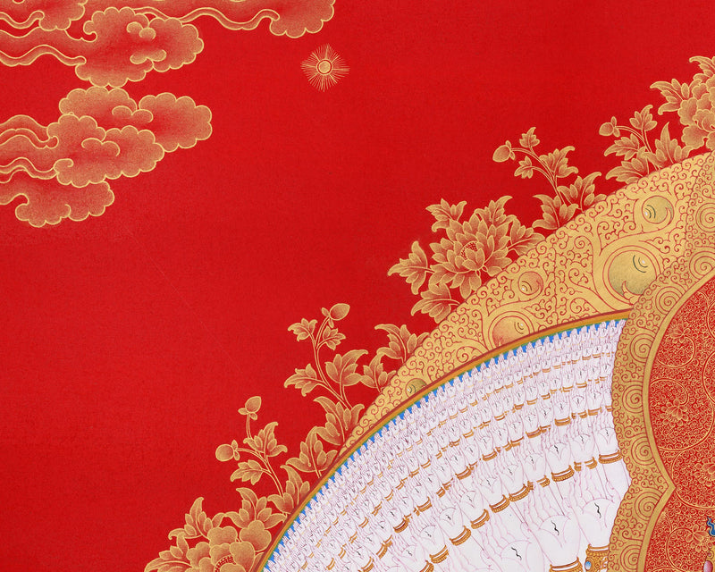 Large Hand-Painted 1000 Armed Avalokiteshvara Thangka | Buddha of Compassion with Pure Gold Accents