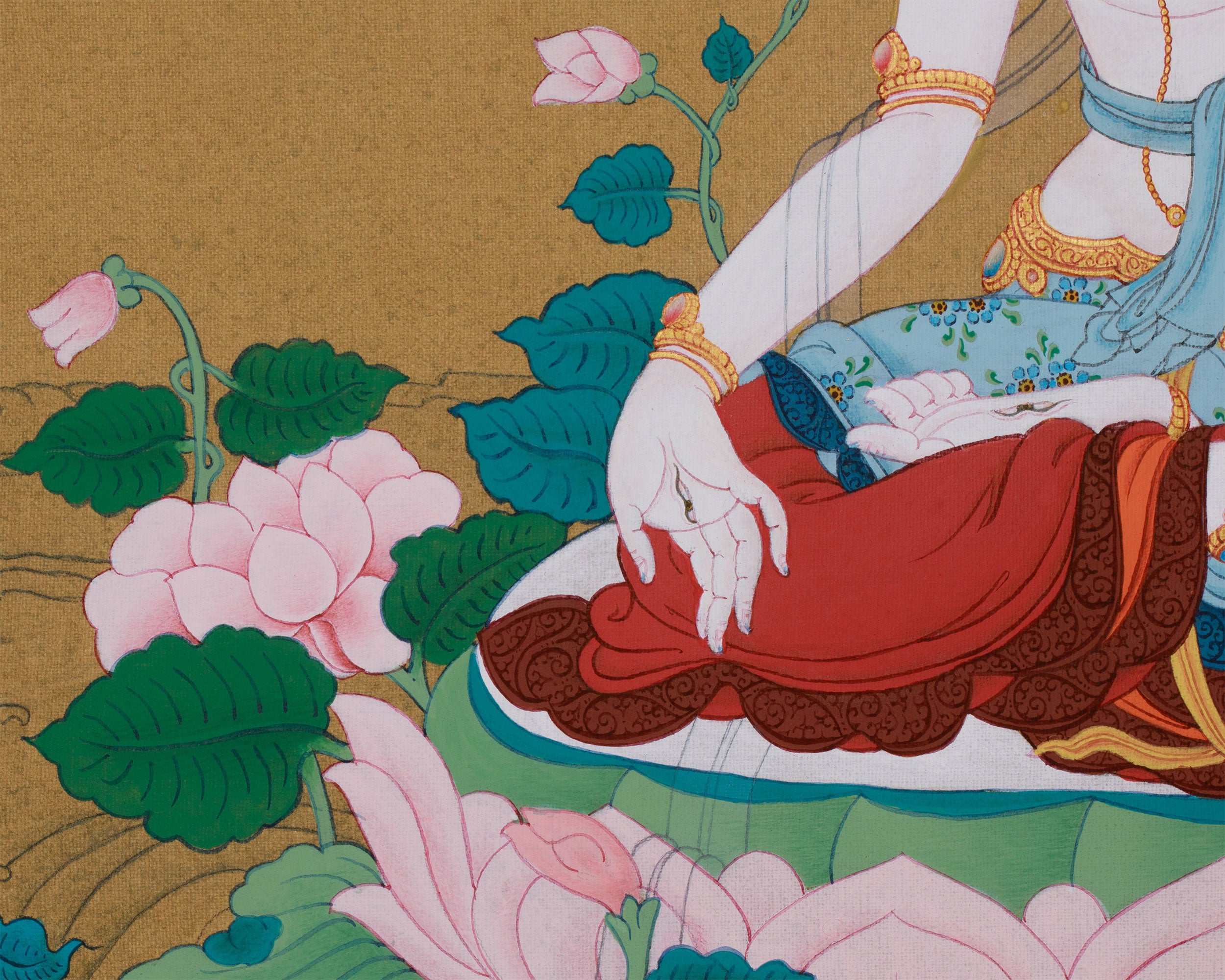 Female Bodhisattva White Tara Thangka | Karma Gadri Artwork | 24K Gold Accents