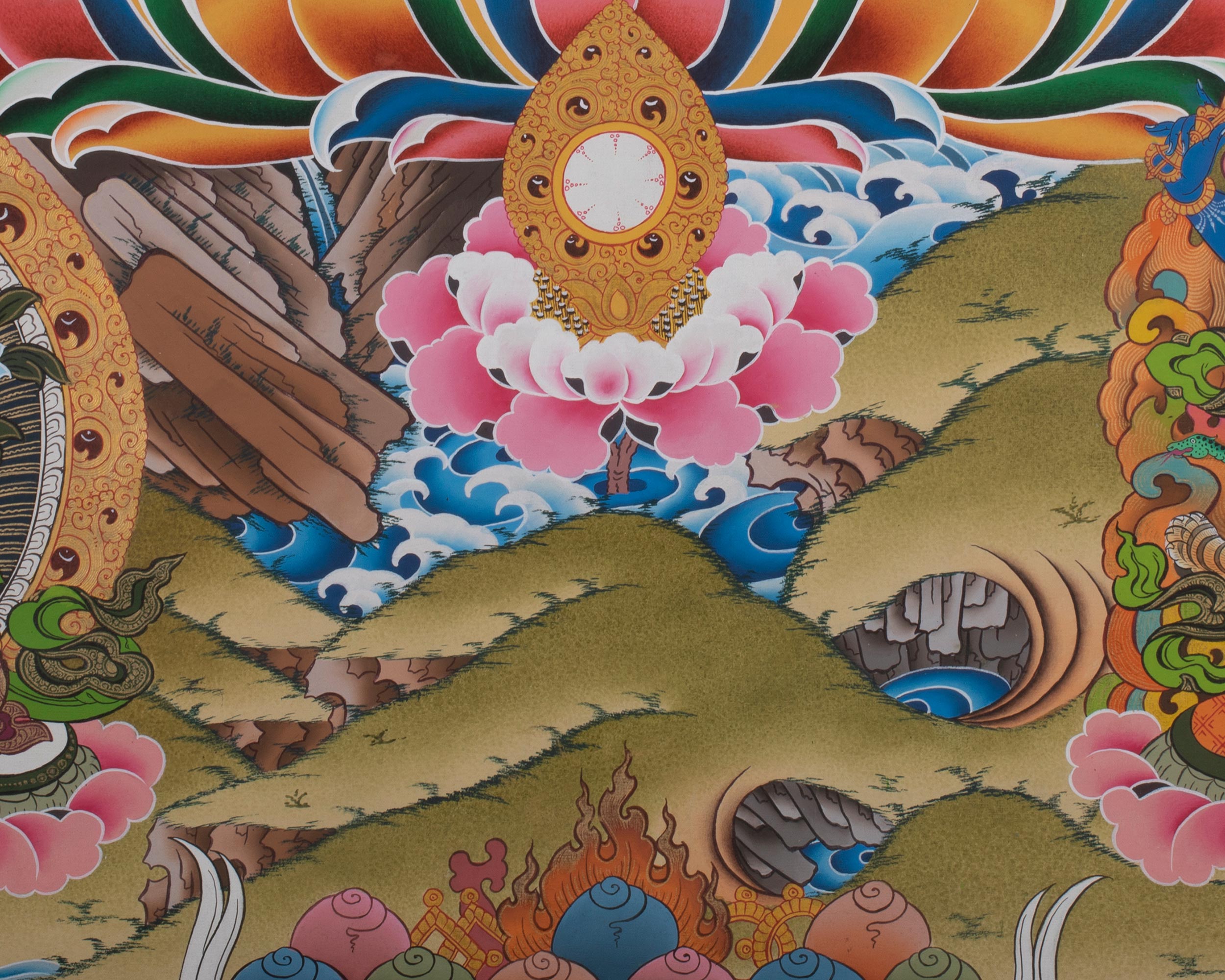 Large Size 4 Armed Chenrezig Thangka Painting with White Tara, Green Tara