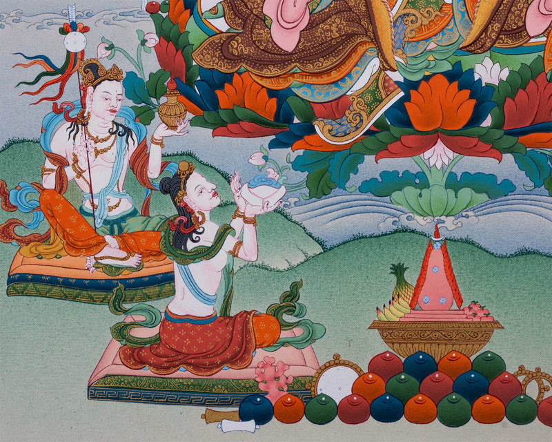Guru Rinpoche Thangka with Consorts